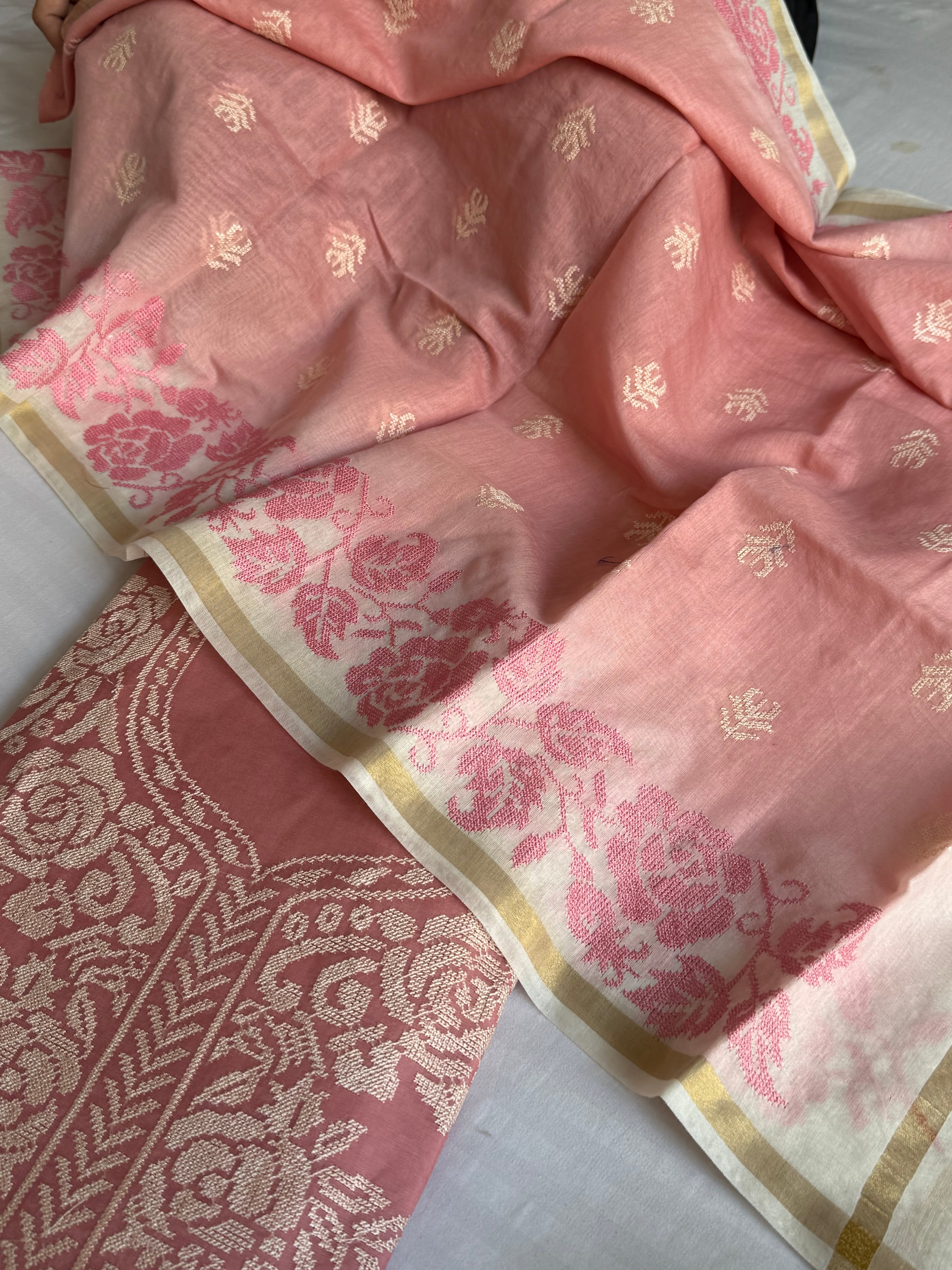 Rose peach mul cotton cross-stitch hand embroidered kadhwa suit set