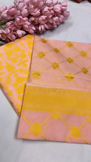 Pure banarasi pink - yellow cotton resham meenedar suit set.