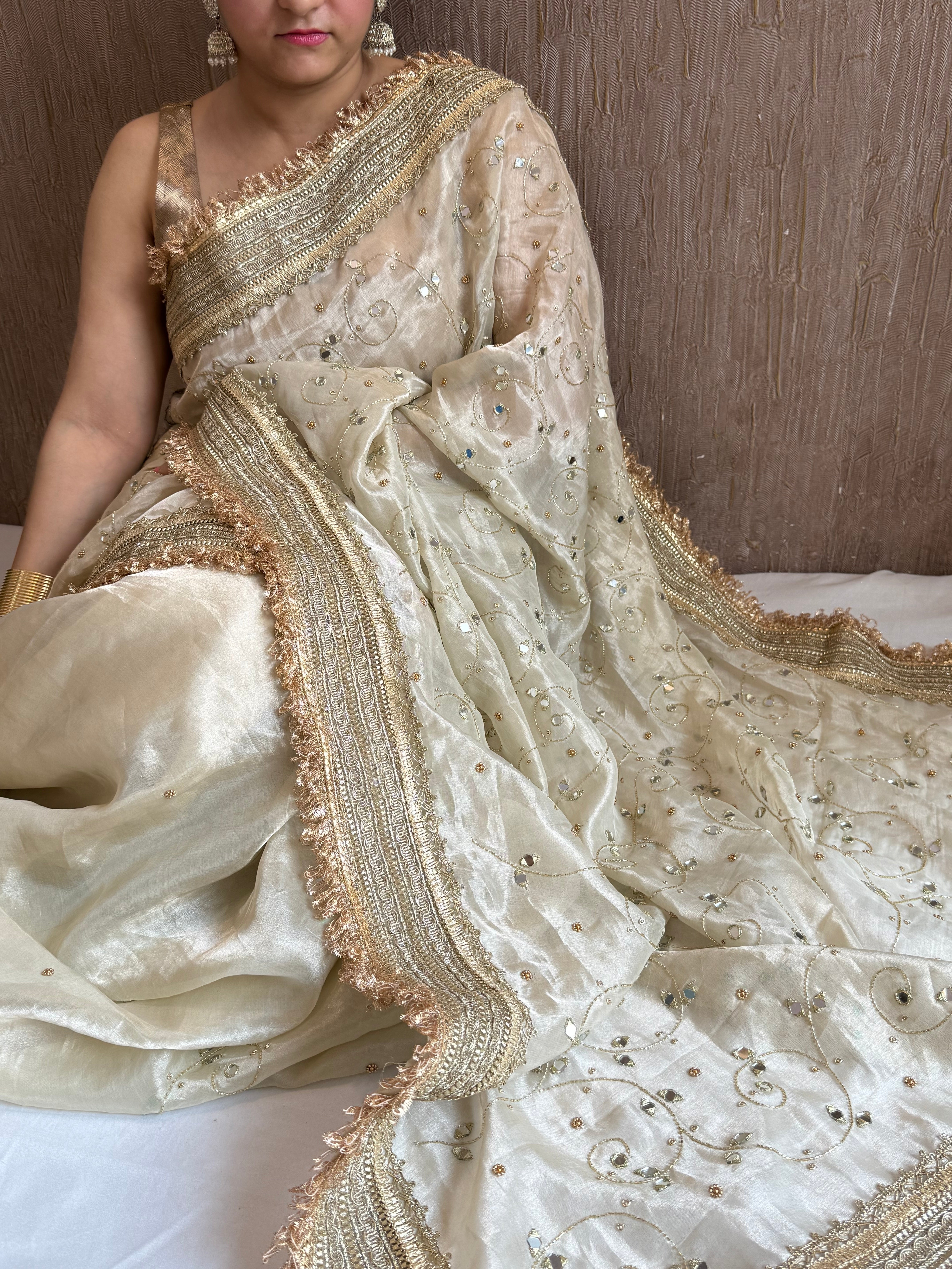 Sheesham edit - Ivory diamond tissue silk mirror work heavy hand embroidered saree