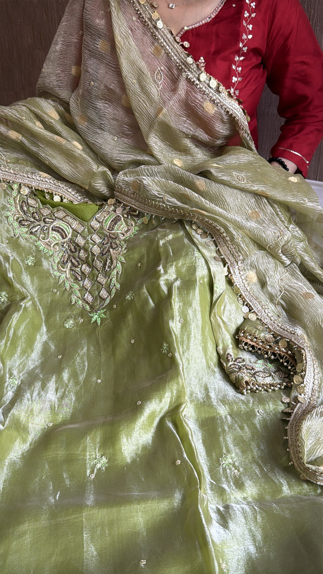 Mehendi green tissue silk hand embroidered heeramandi kadhwa suit set