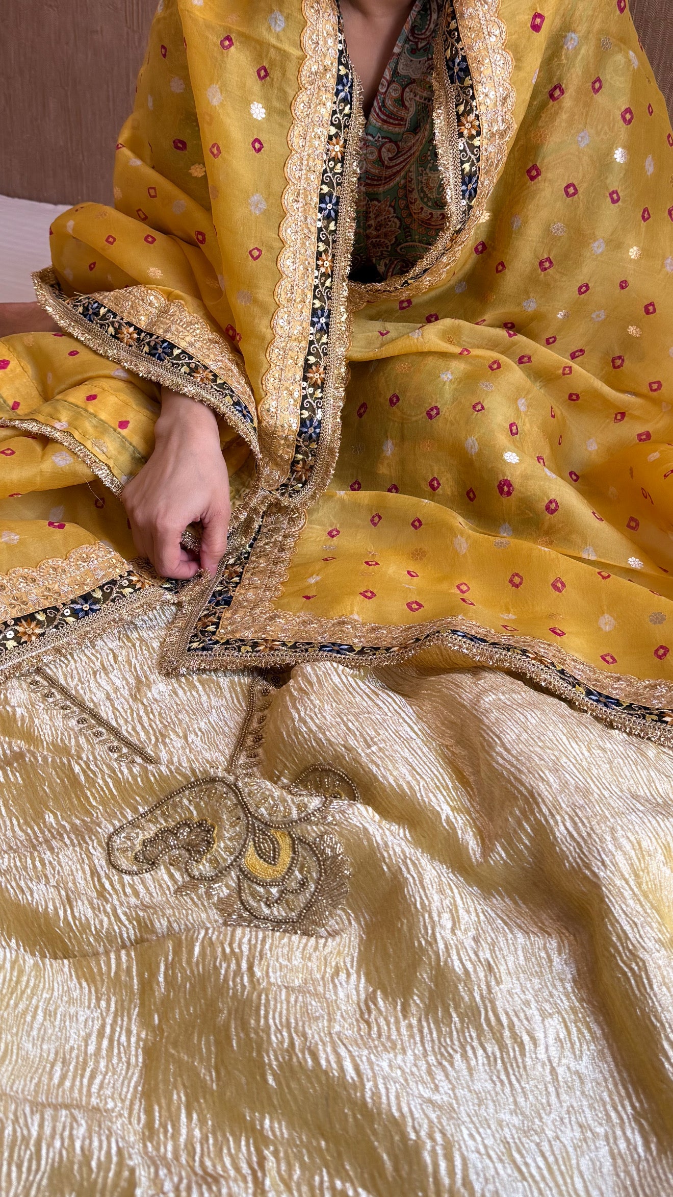Golden diamond crushed tissue silk hand embroidered suit set