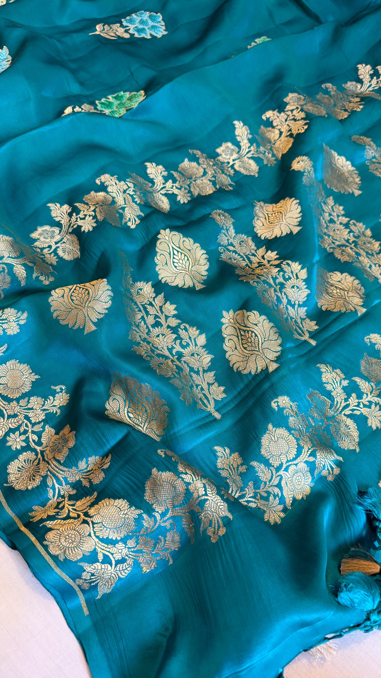 Teal blue banarasi mashru silk velvet buti kadhwa weaving saree