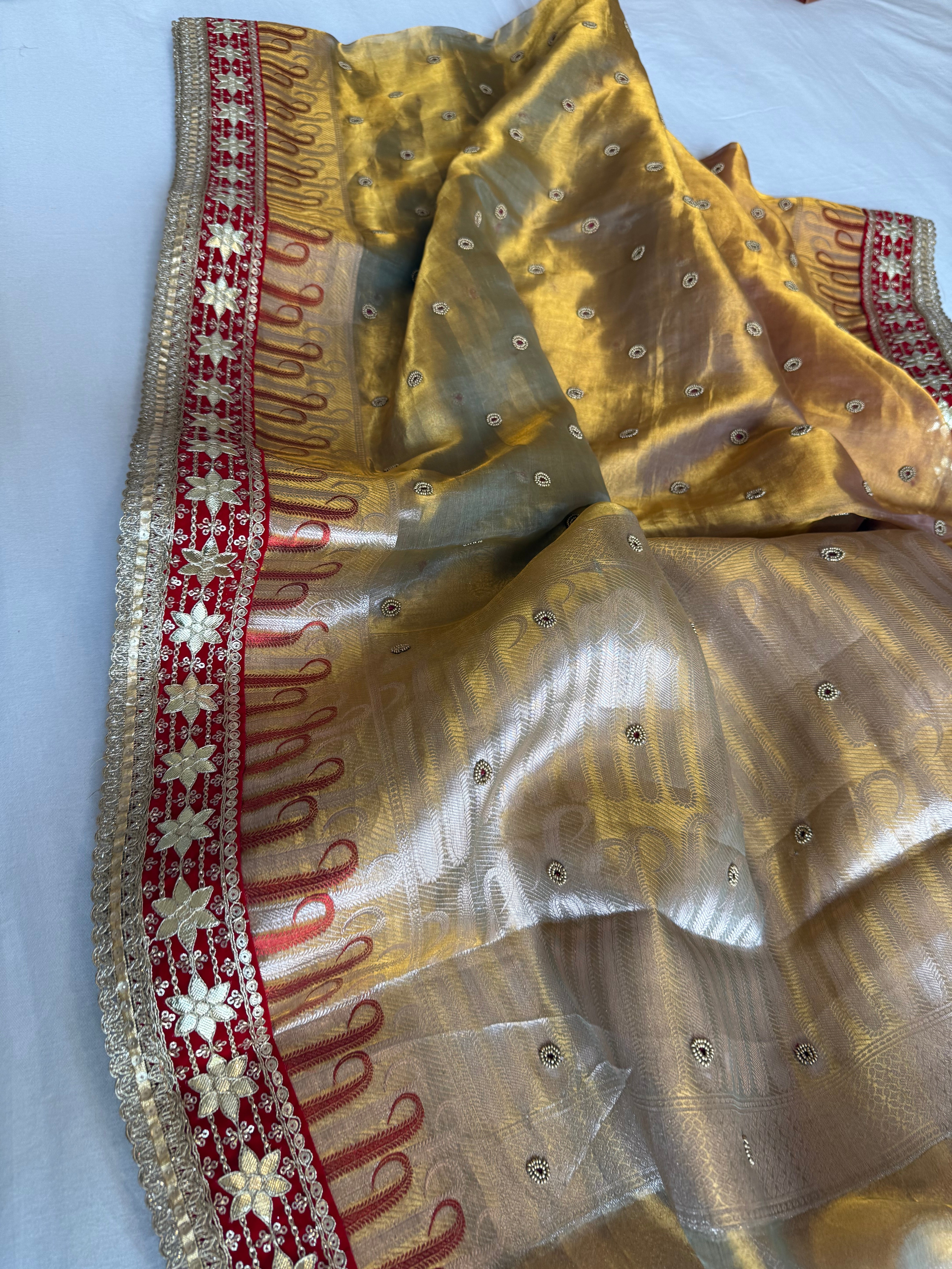 Kanjivaram gold tissue silk red meenakari hand embroidered kadhwa saree