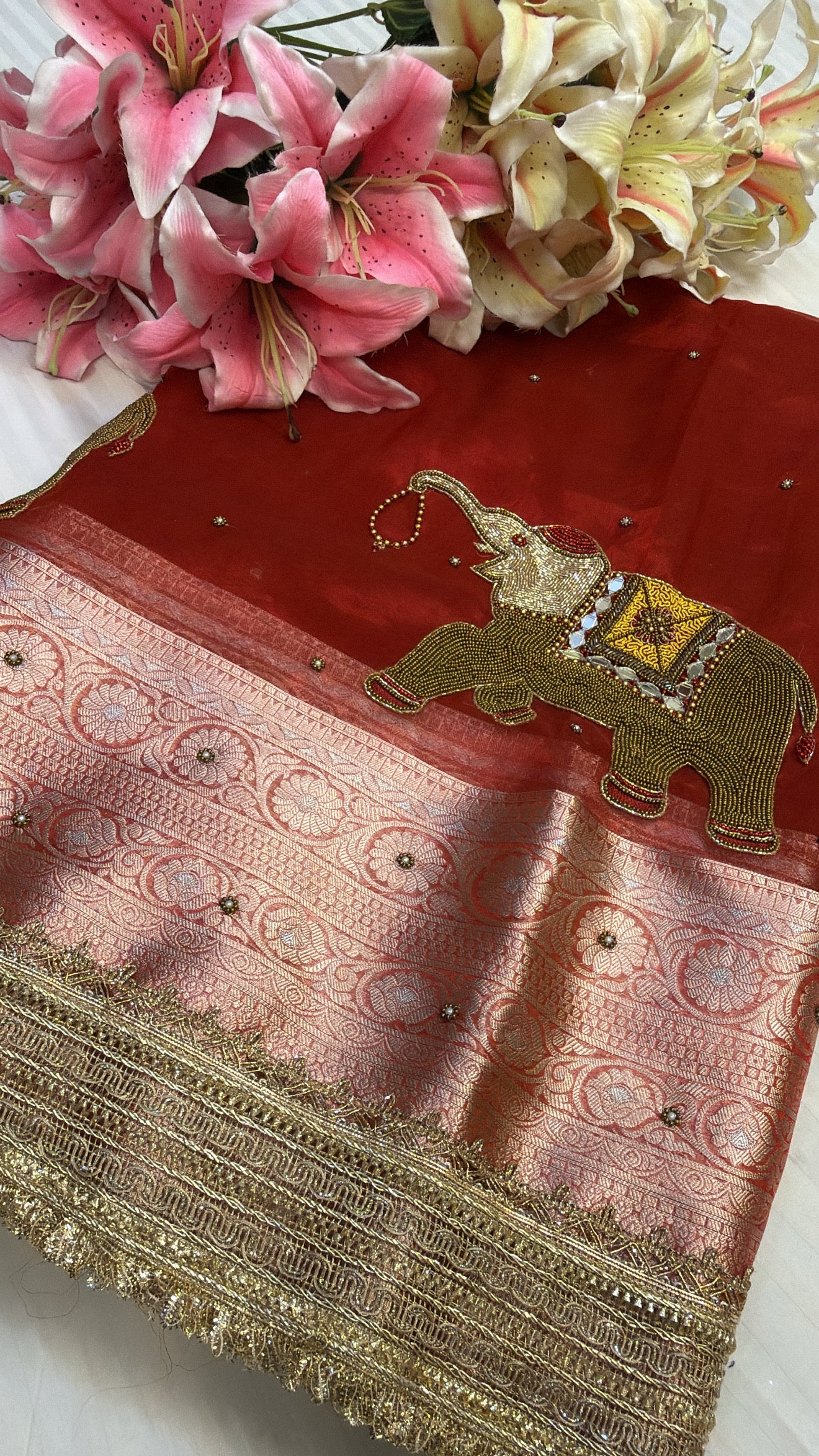 Red special - Husn hot red tissue silk elephant motif hand embroidered saree