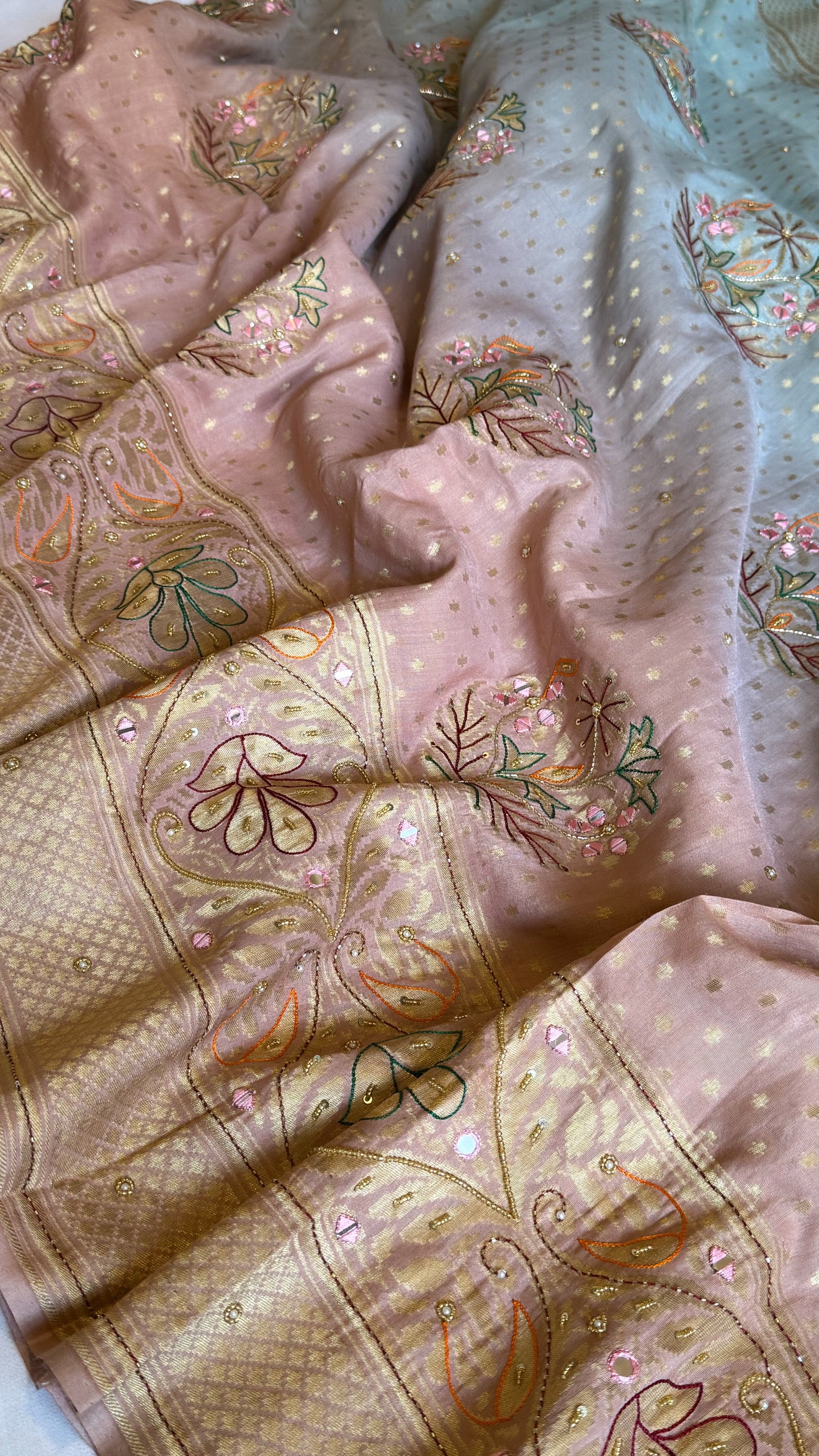 Moonga silk blush blue and pink ombre shaded hand embroidered kadhwa saree