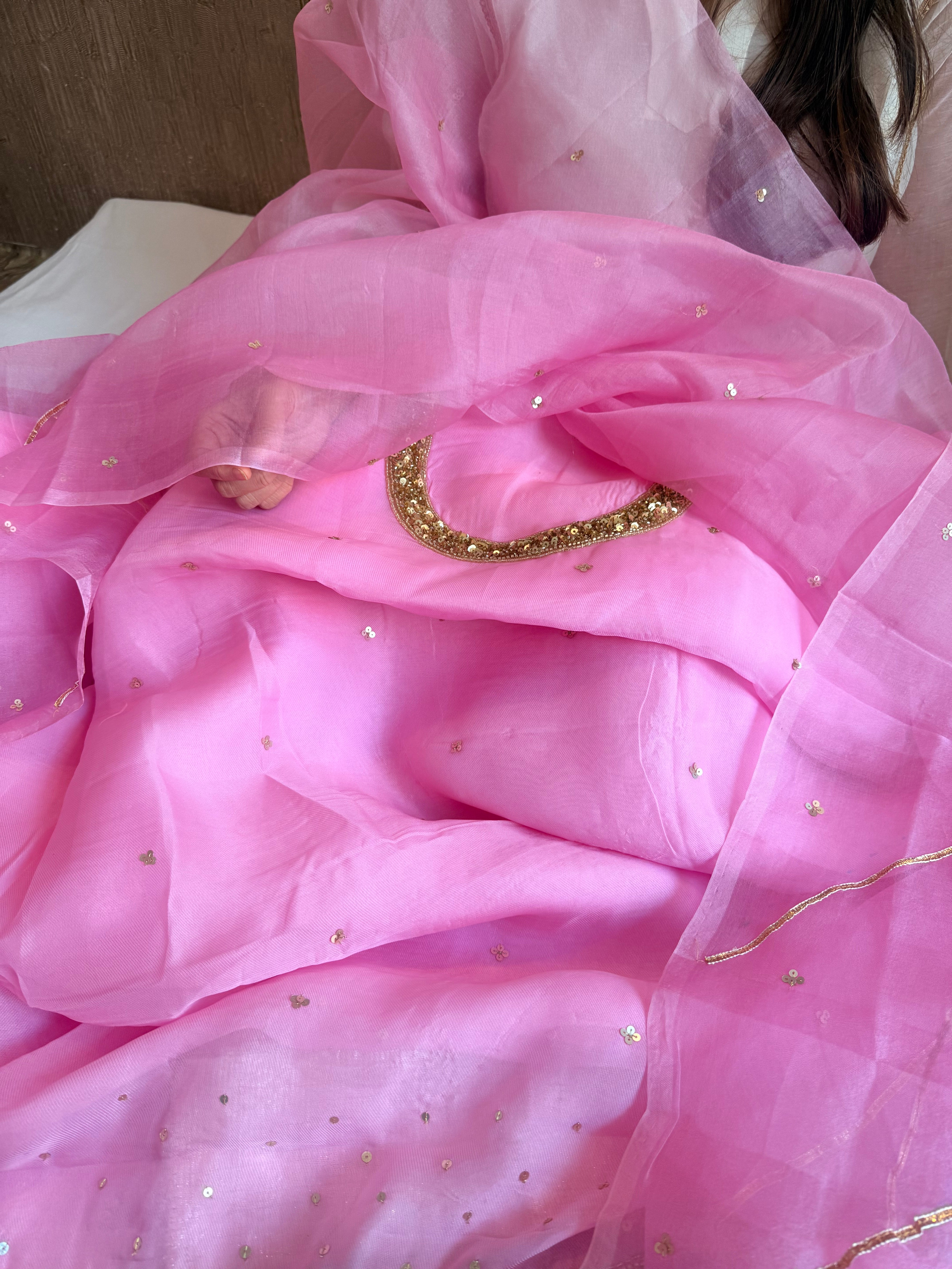 Blush lotus pink kora silk hand embroidered kadhwa suit set
