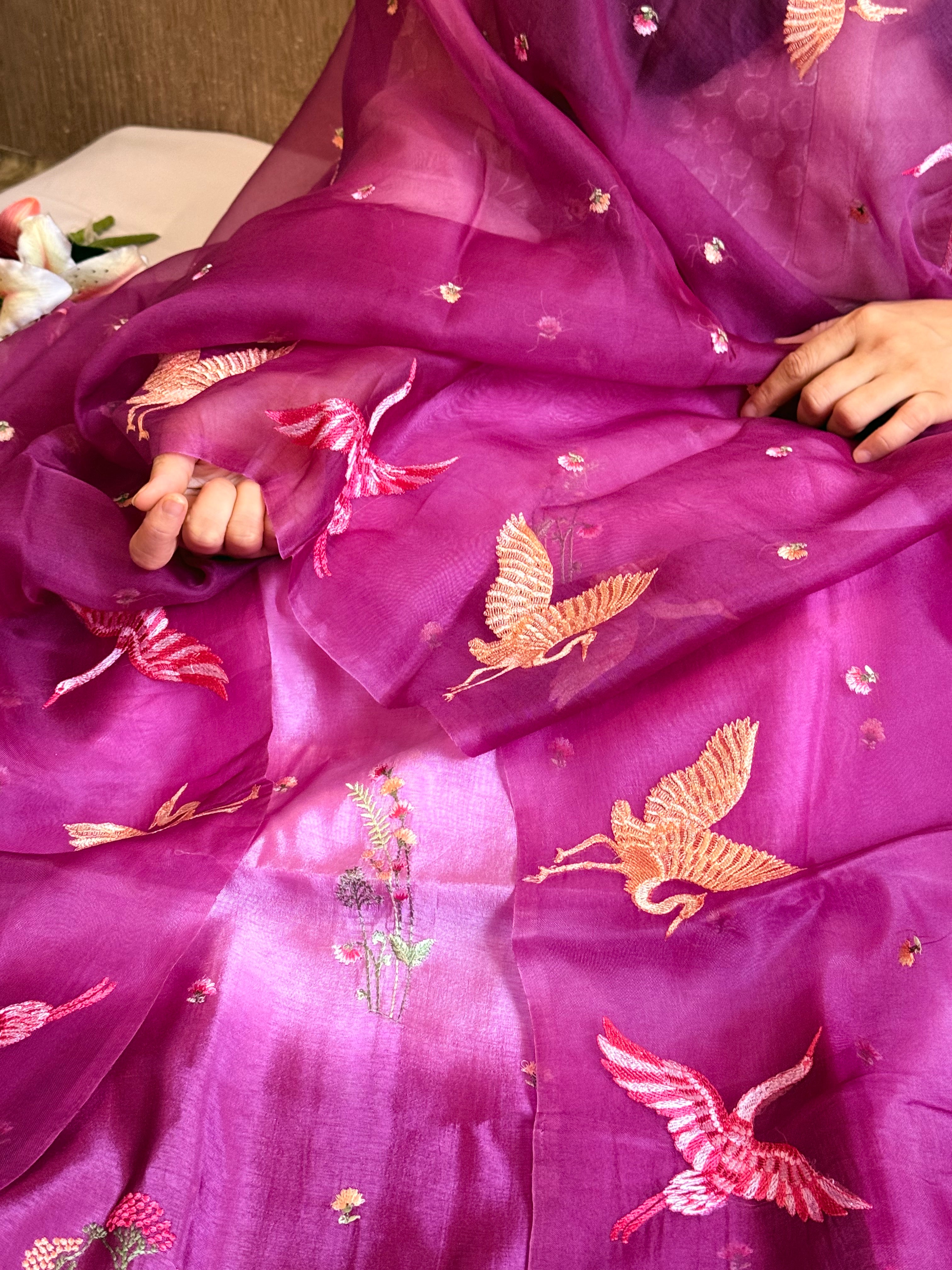 Mango silk flamingo motif hand embroidery suit set