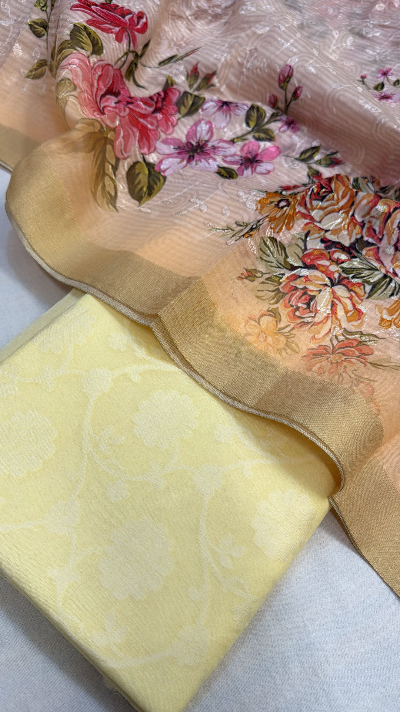 Lime yellow mul cotton banarasi kadhwa buti suit set