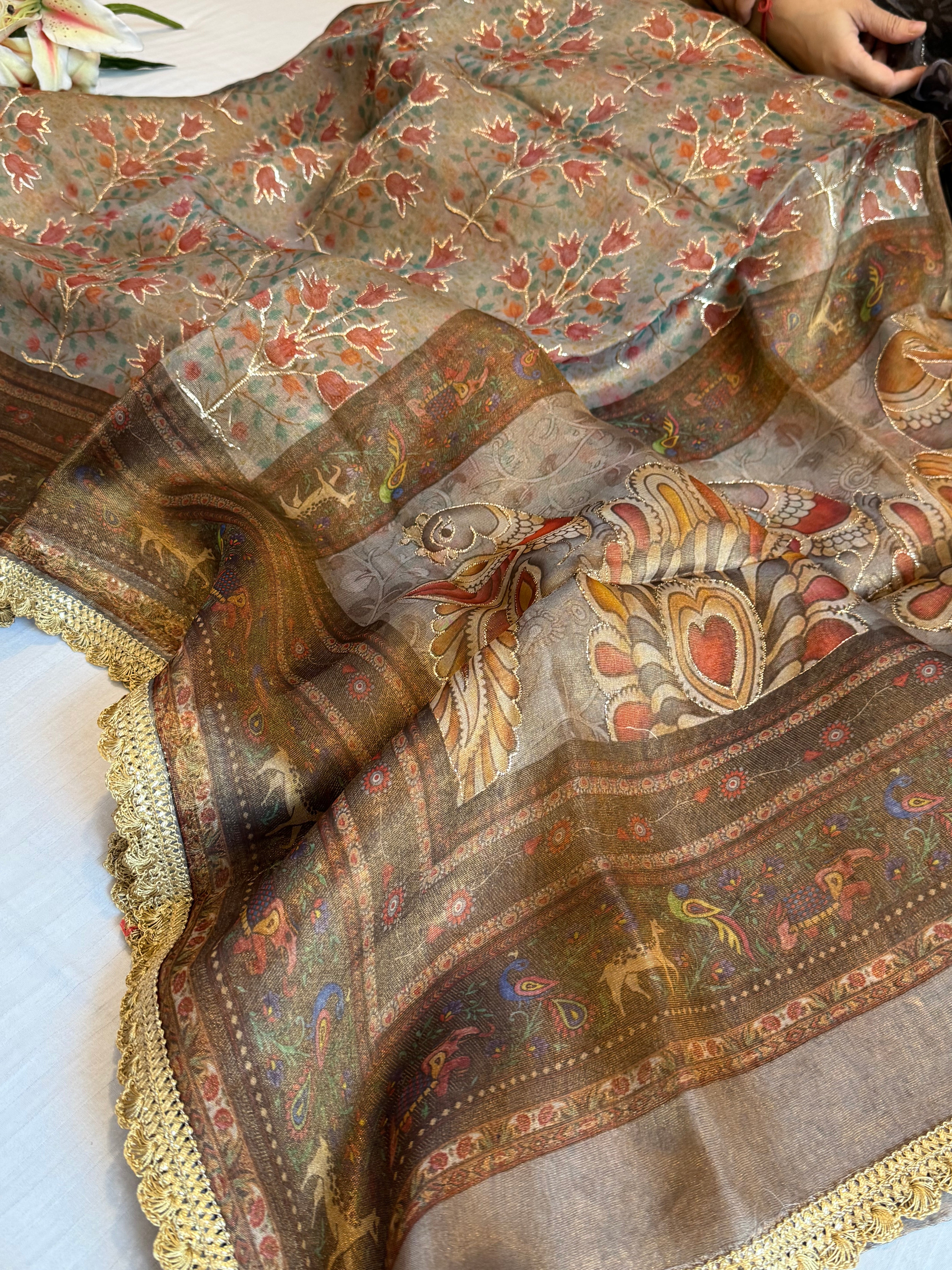 Printed banarasi tissue silk hand embroidered kadhwa saree