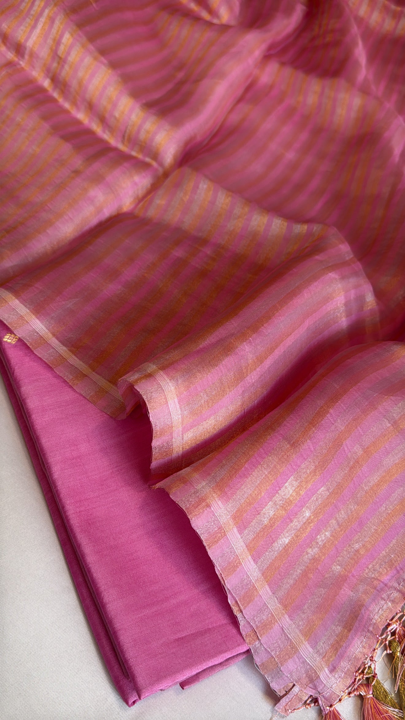 Vivah edit - Blush pink chiniya silk kadhwa buti kurta paired with kora tissue striped duppata set