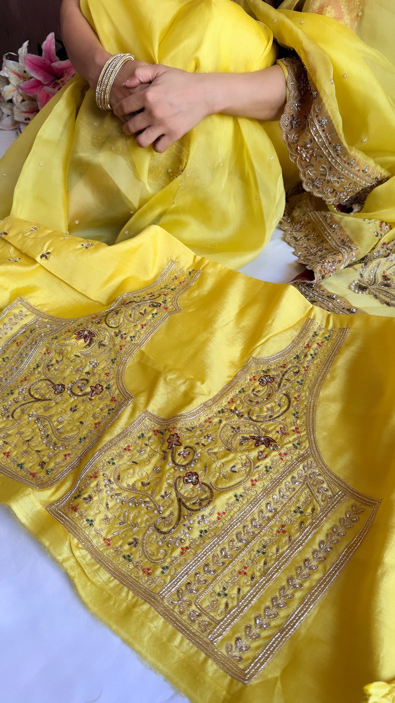 Mummy ki purani wali saree edit - Lemon yellow kora silk kadhwa hand embroidered saree