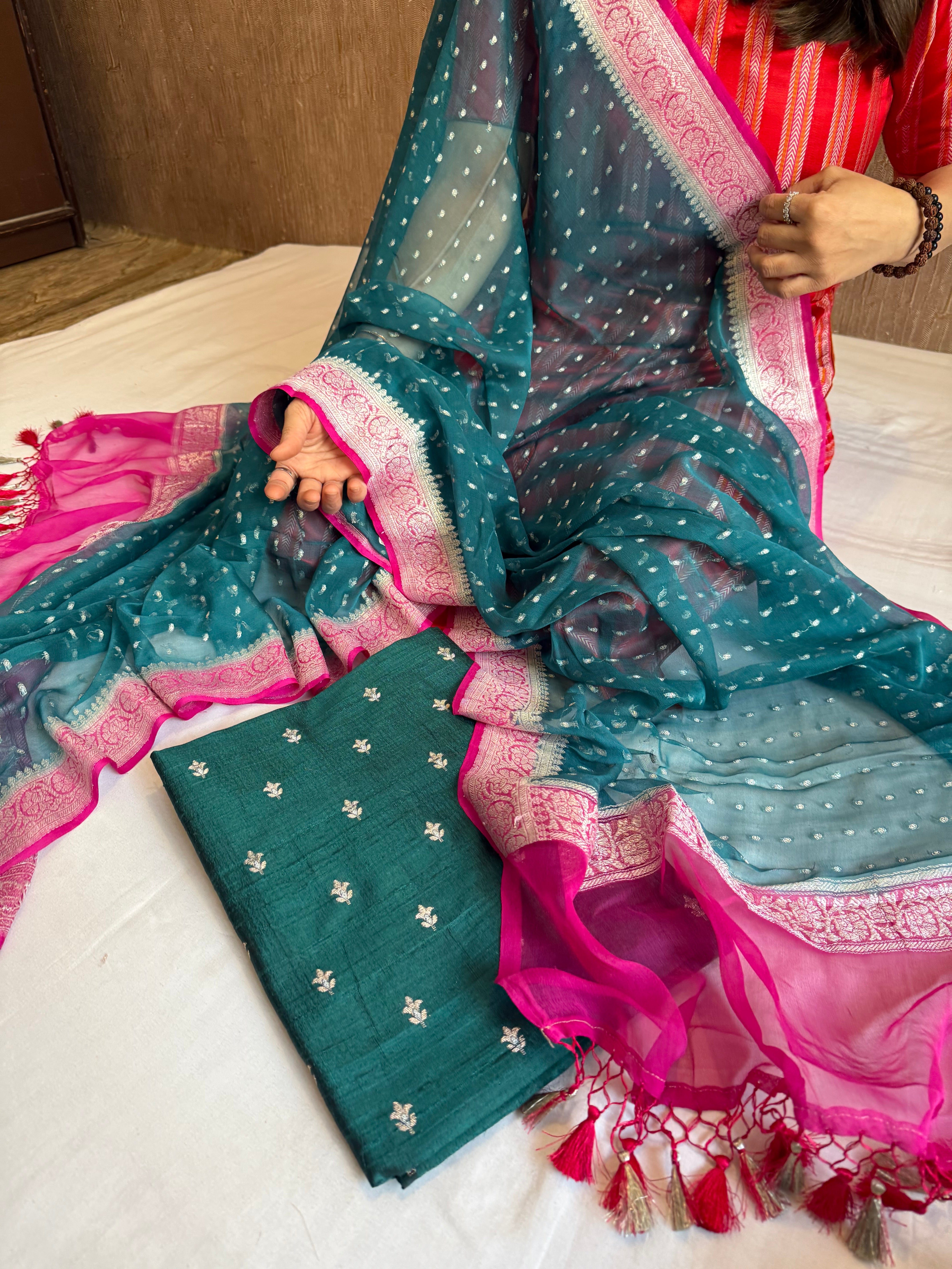 Emerald green-rani pink raw silk kadhwa buti kurta paired with chiffon gorgette chap dye duppata set