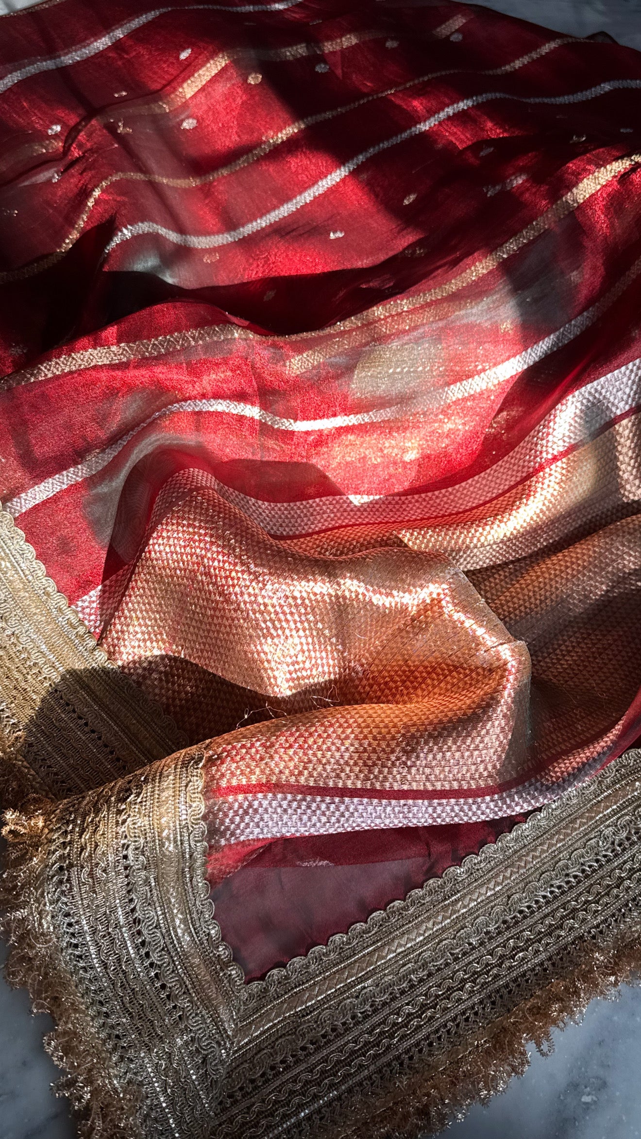 Teej special - Crimson red tissue silk striped and buti maharani saree