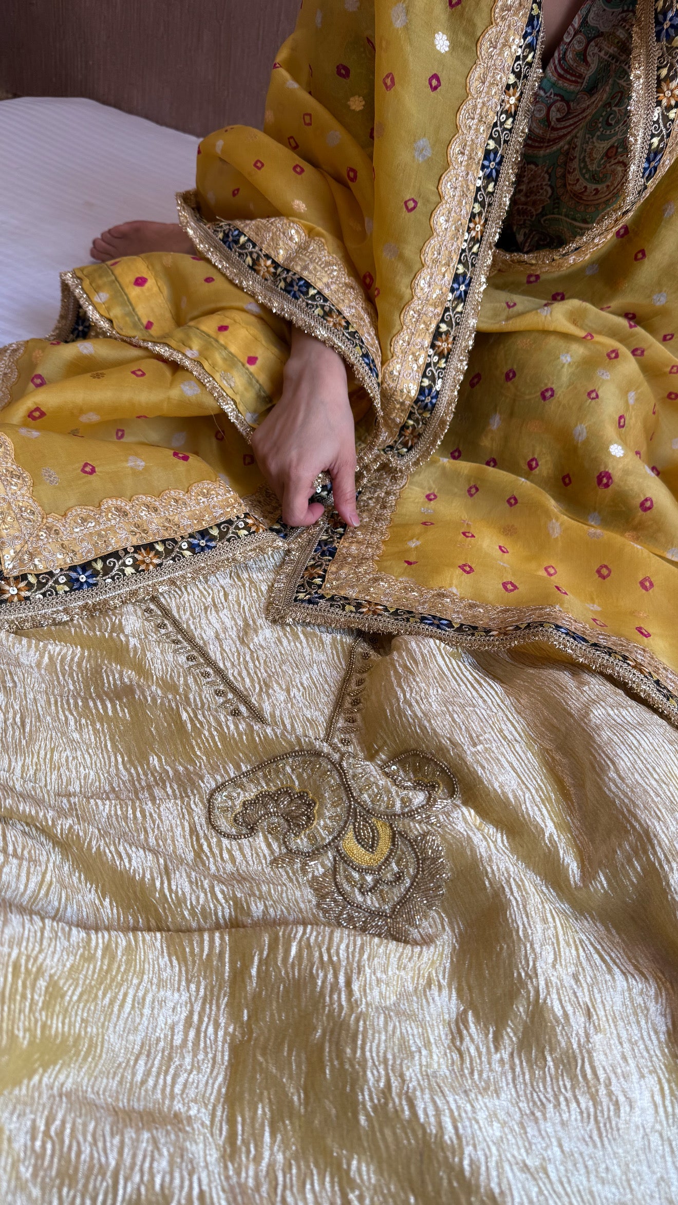 Golden diamond crushed tissue silk hand embroidered suit set