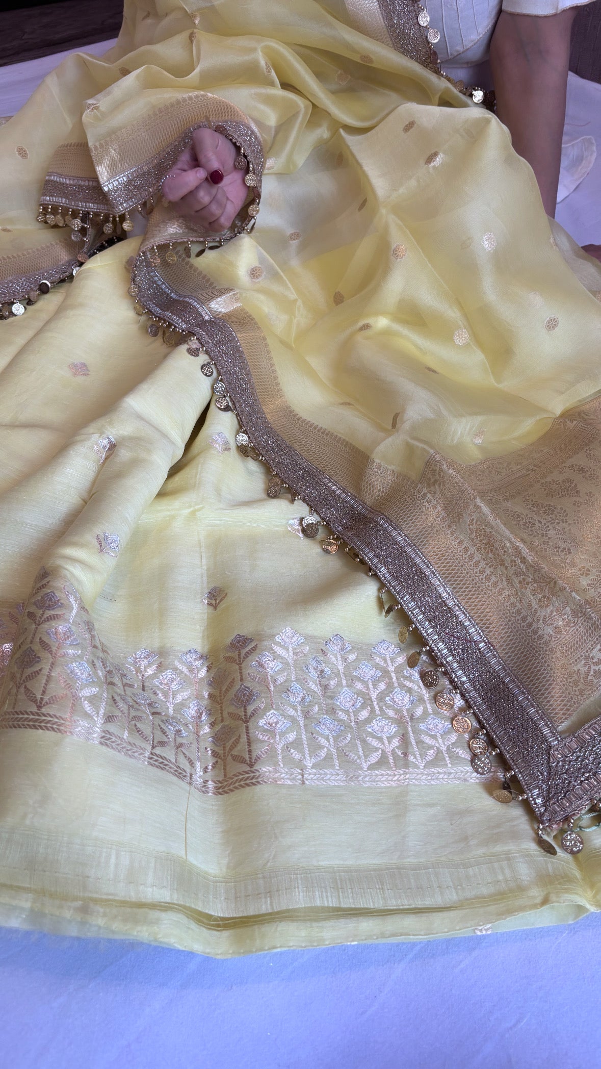 Soft lime linen gorgette kurta paired with kora silk hand woven duppata sets