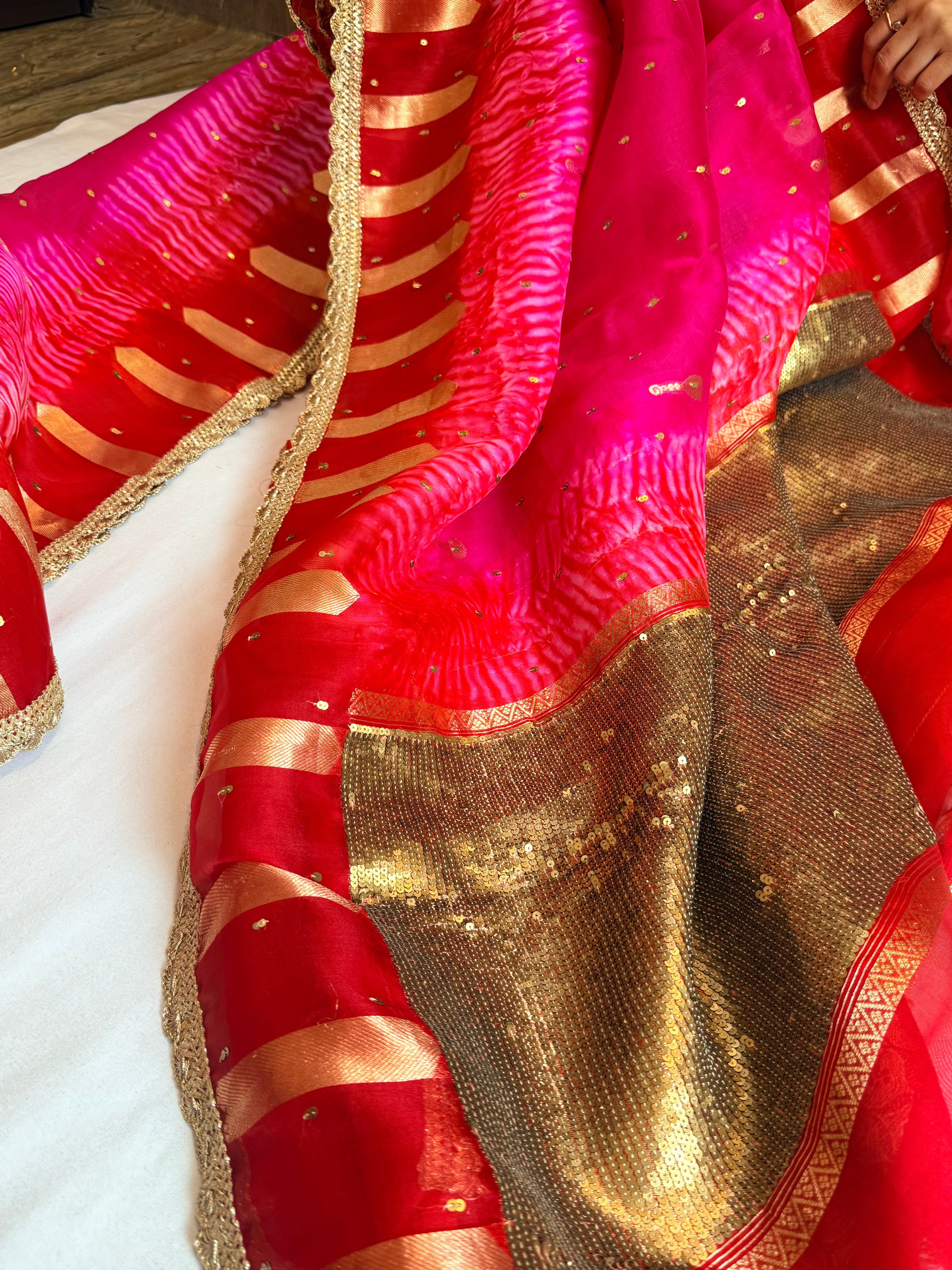 Shibori dye kora silk salma sitara work hand embroidered sequins saree