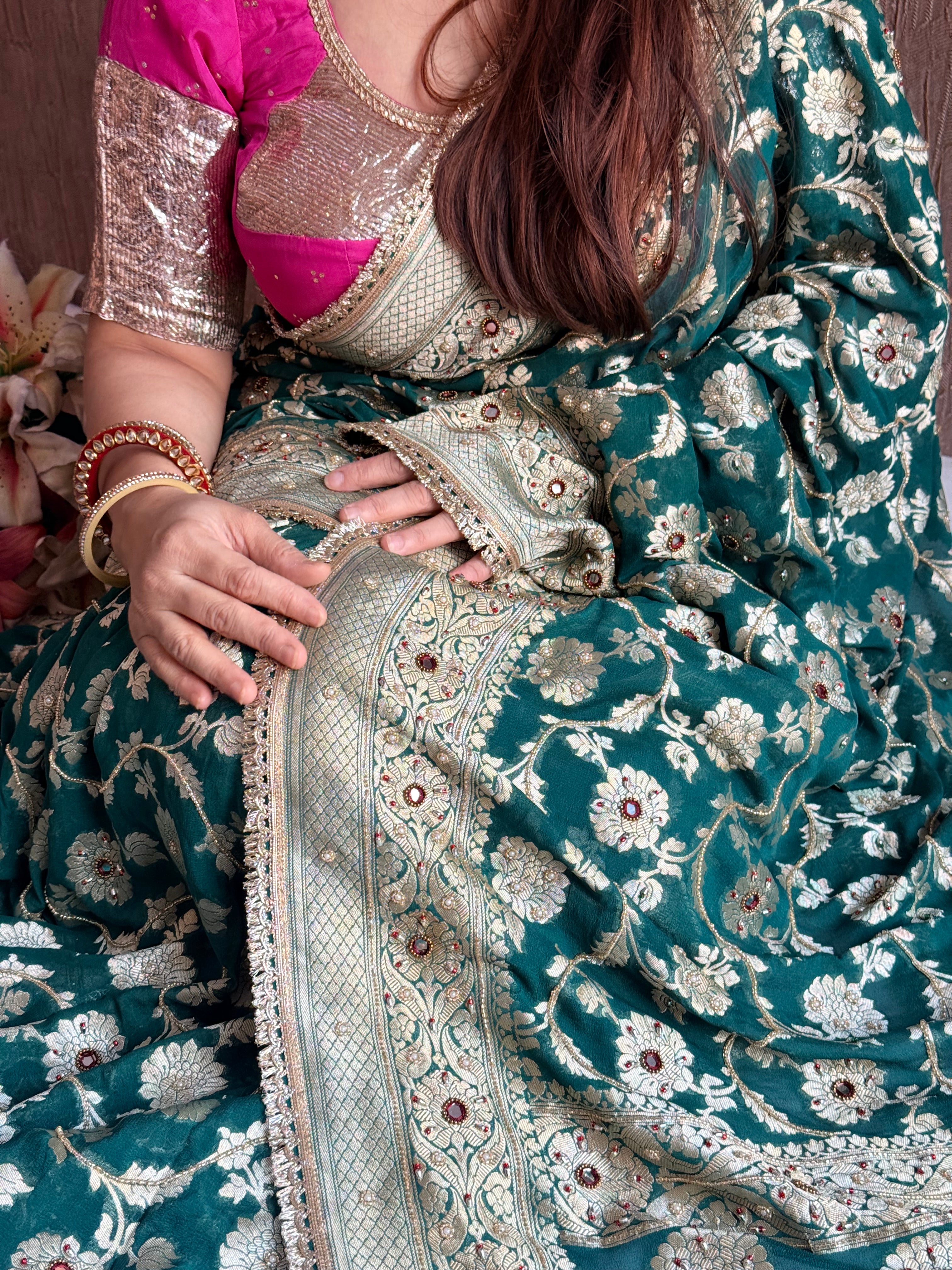Banarasi chiffon gorgette kadhwa jaal weaving hand embroidered saree