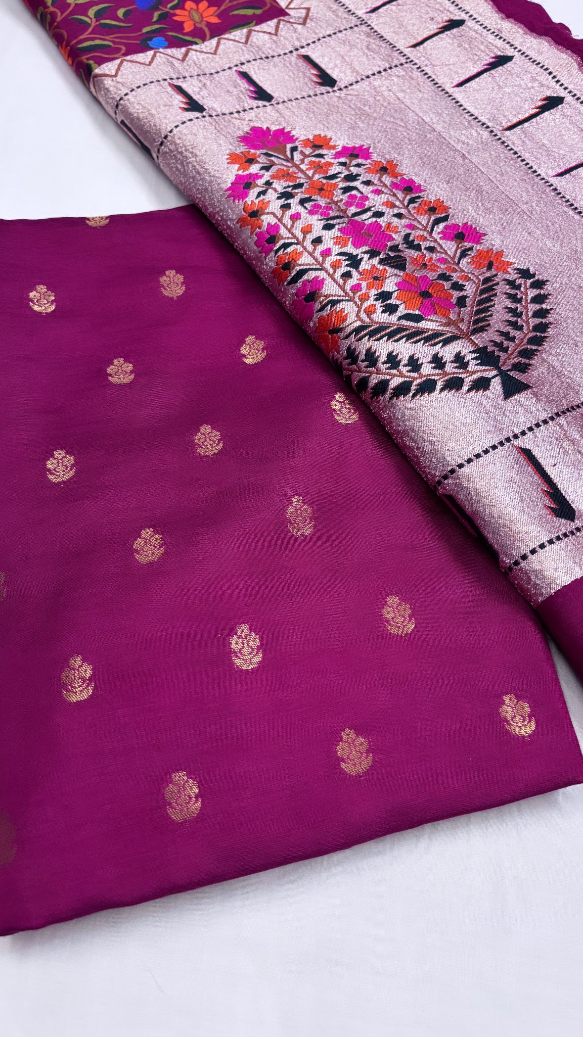 Pure Banarasi bergundy moonga silk kadhwa buti kurta paired with kadhwa meenedar paithani jaal intricately woven duppata and bottom set