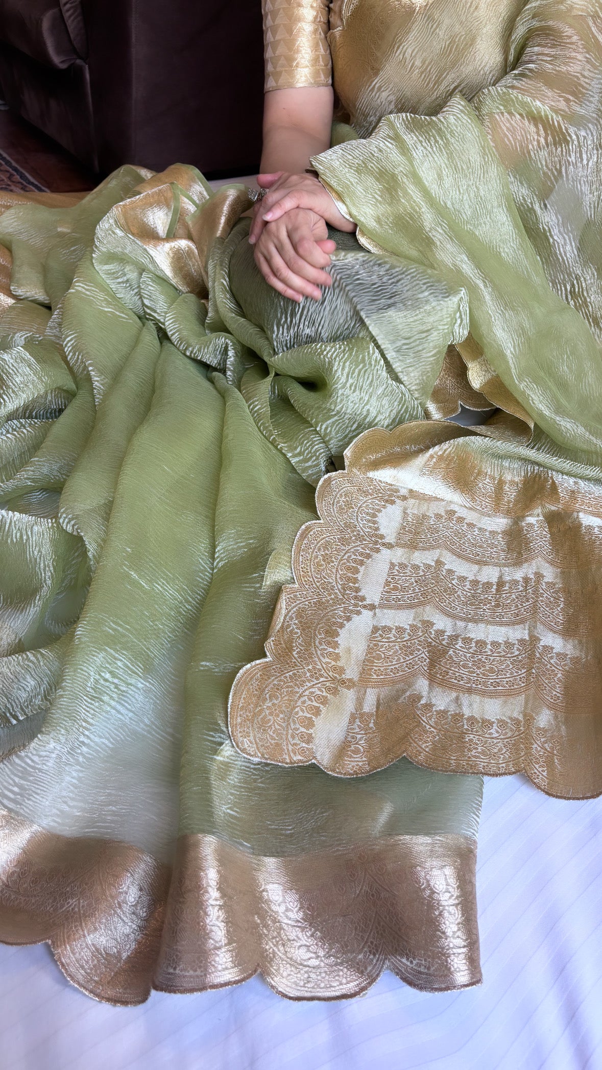 Sunehri mint green crushed tissue silk saree