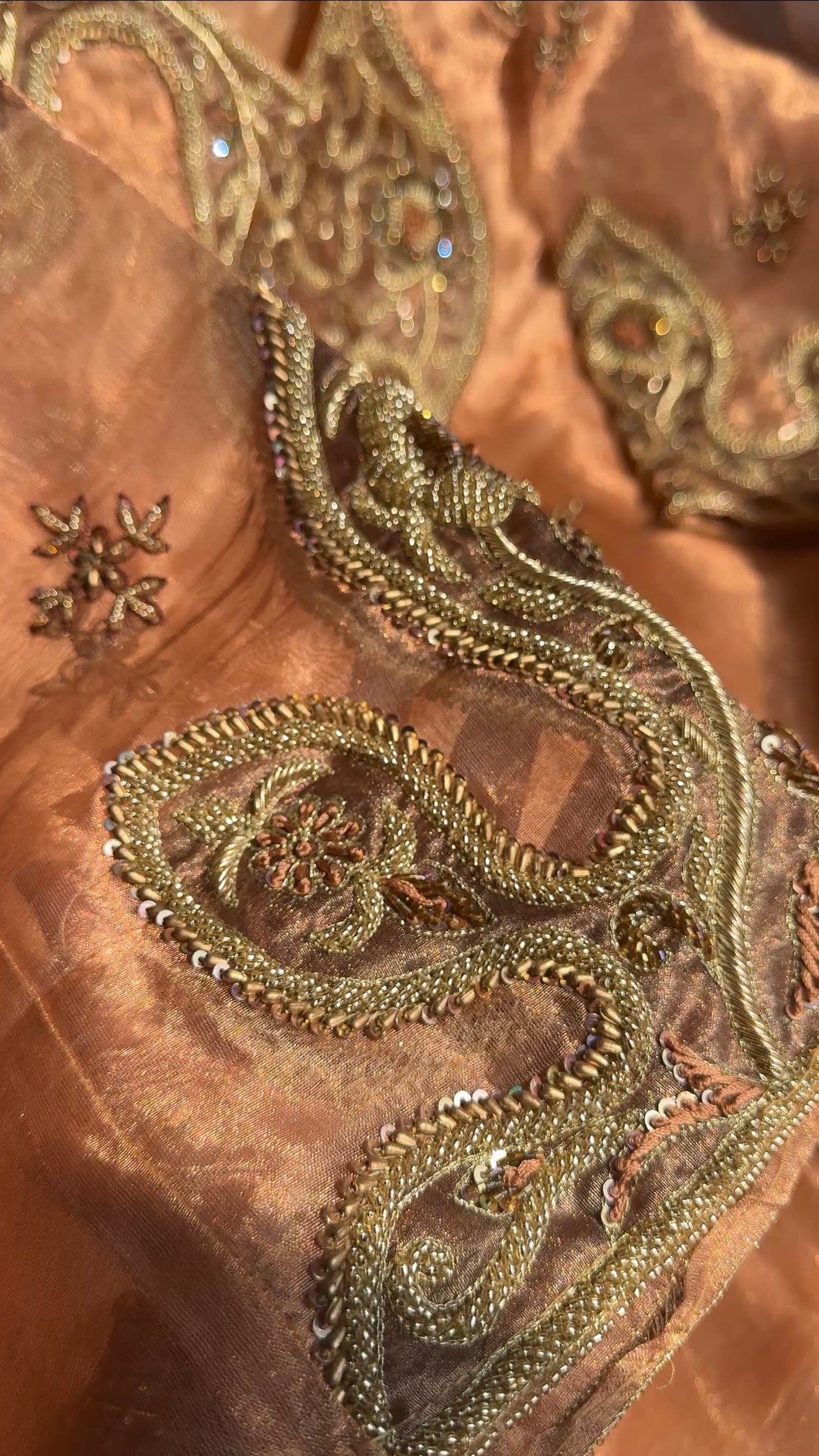 Pakeeza inspired copper tissue silk heavy zardozi work suit set