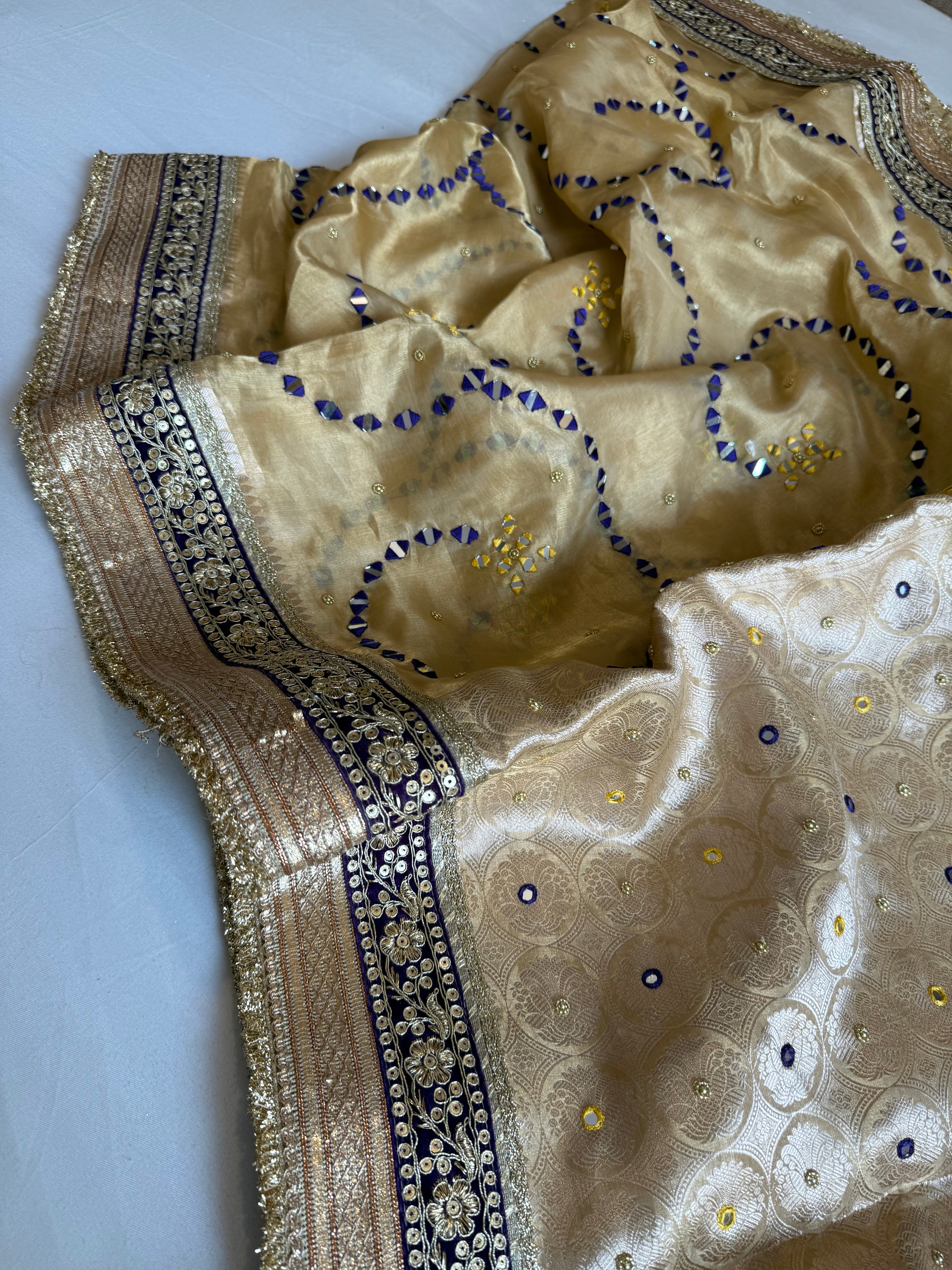 Sheesham edit - Heavy double tissue silk mirror work heavy hand embroidered saree