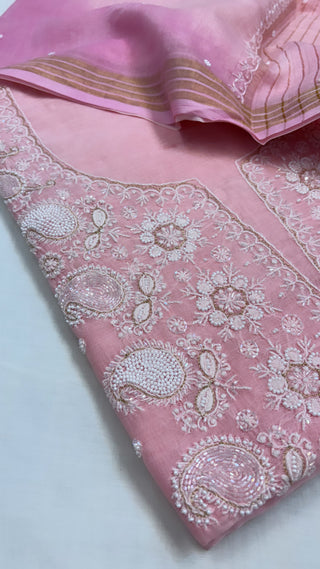 Pure Banarasi blush pink handloom premium cotton kadhwa lucknowi chikankari hand embroidered suit set with intricately hand embroidered motifs and ombre shaded duppata set