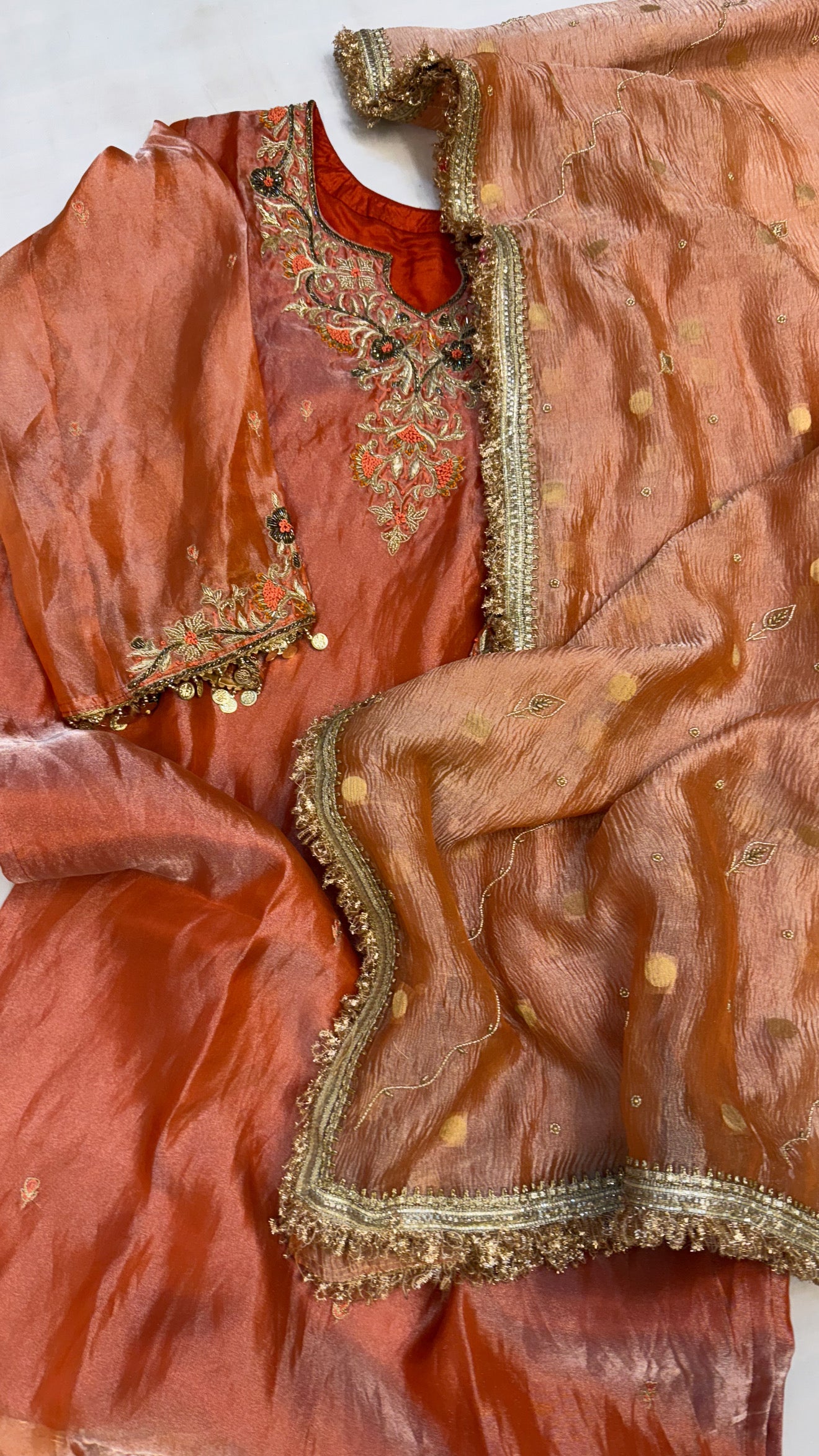 Dulhan ka joda - Chuski orange tissue silk heavy hand embroidered kadhwa gotapatti suit set