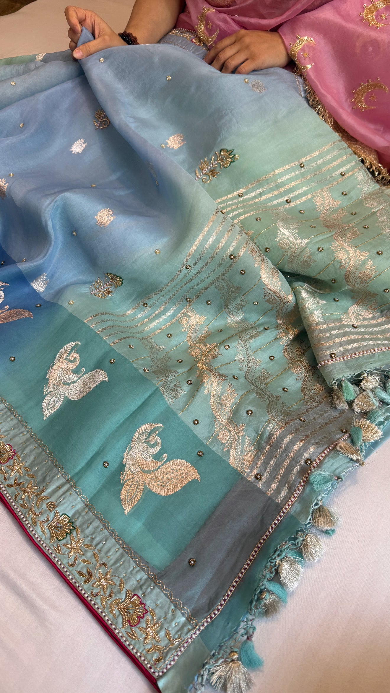 Sufi night edit - Banarasi kora silk bird motif hand embroidered kadhwa shaded saree