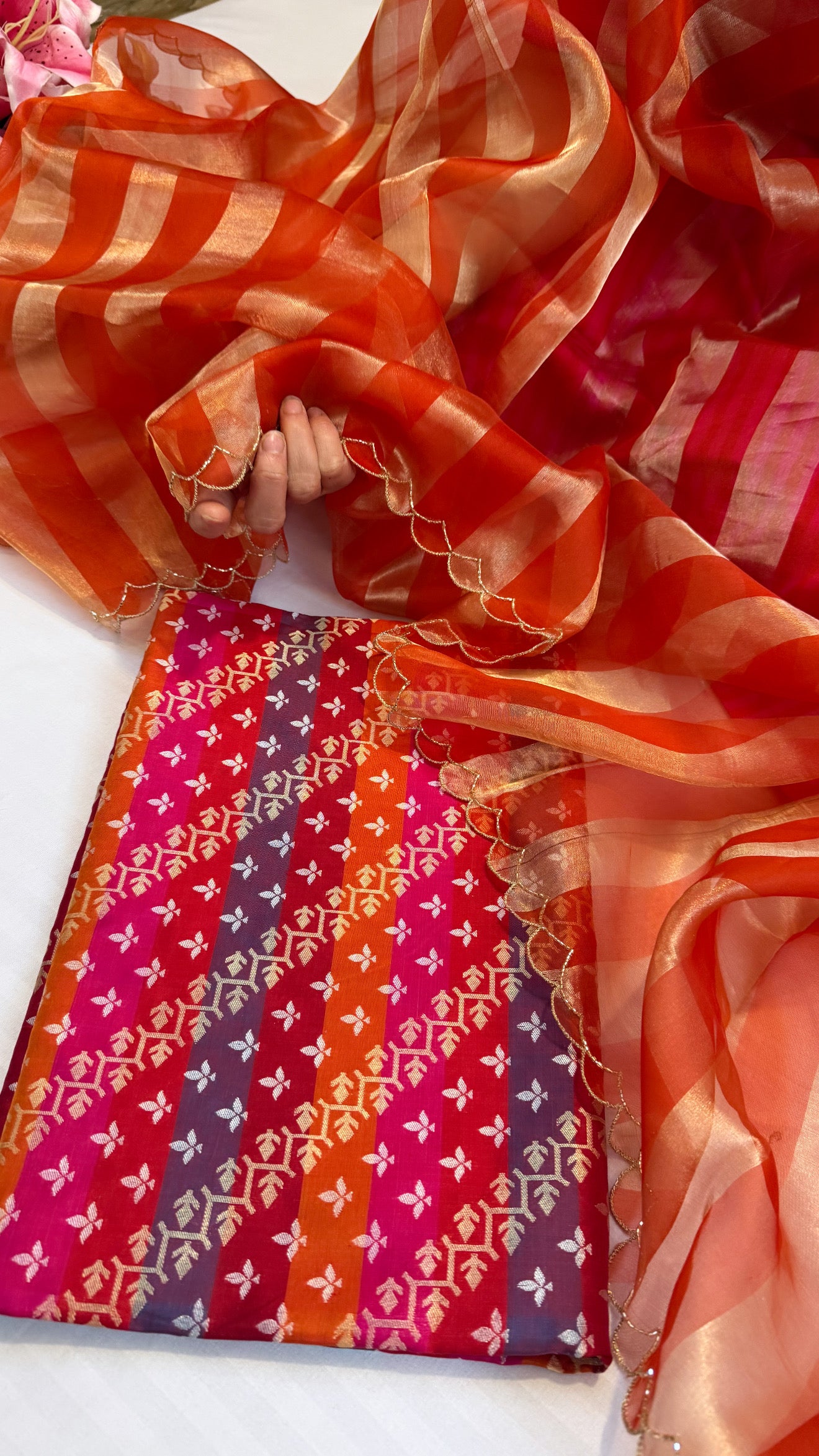 Katan silk rangkaat weaving kurta paired with Kora tissue striped duppata set