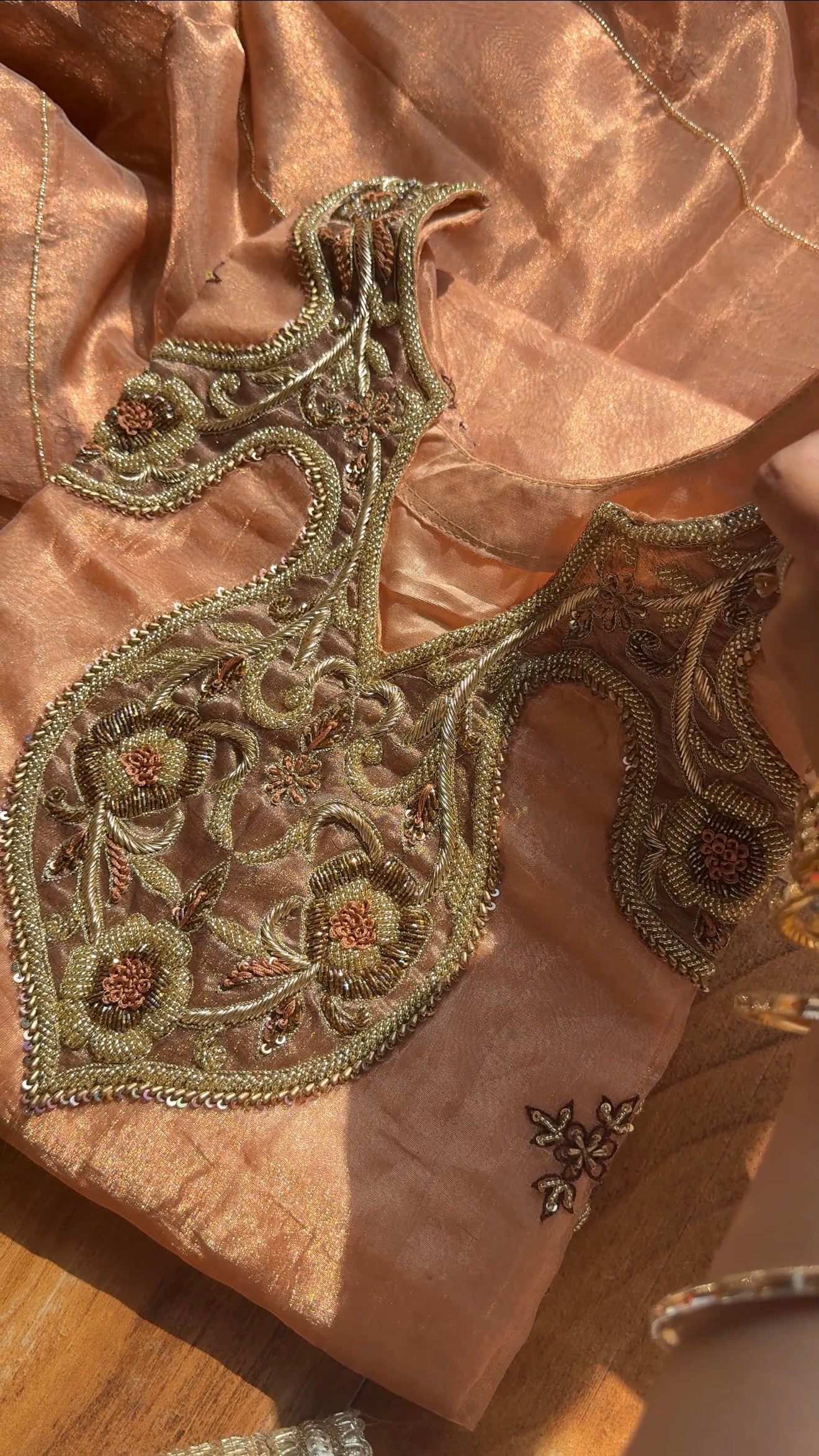 Pakeeza inspired copper tissue silk heavy zardozi work suit set