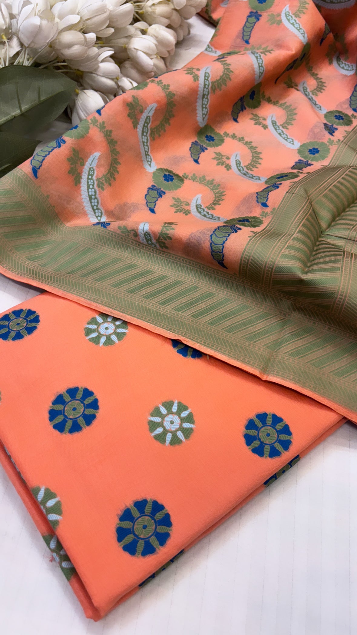 Gulbahar peachish orange cotton resham meenedar suit set