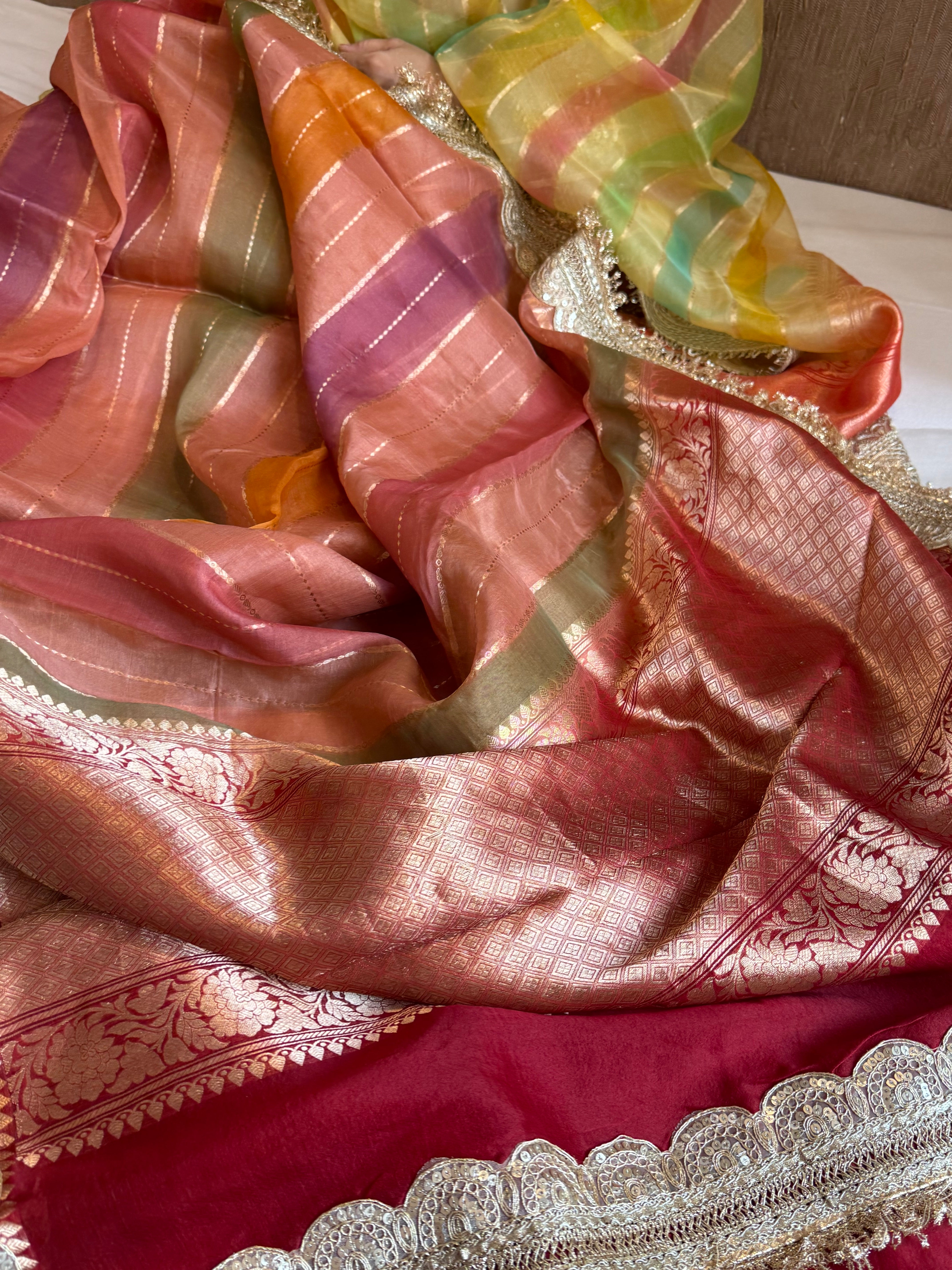 Rangeela kora silk rangkaat dye striped kadhwa weaving banarasi saree