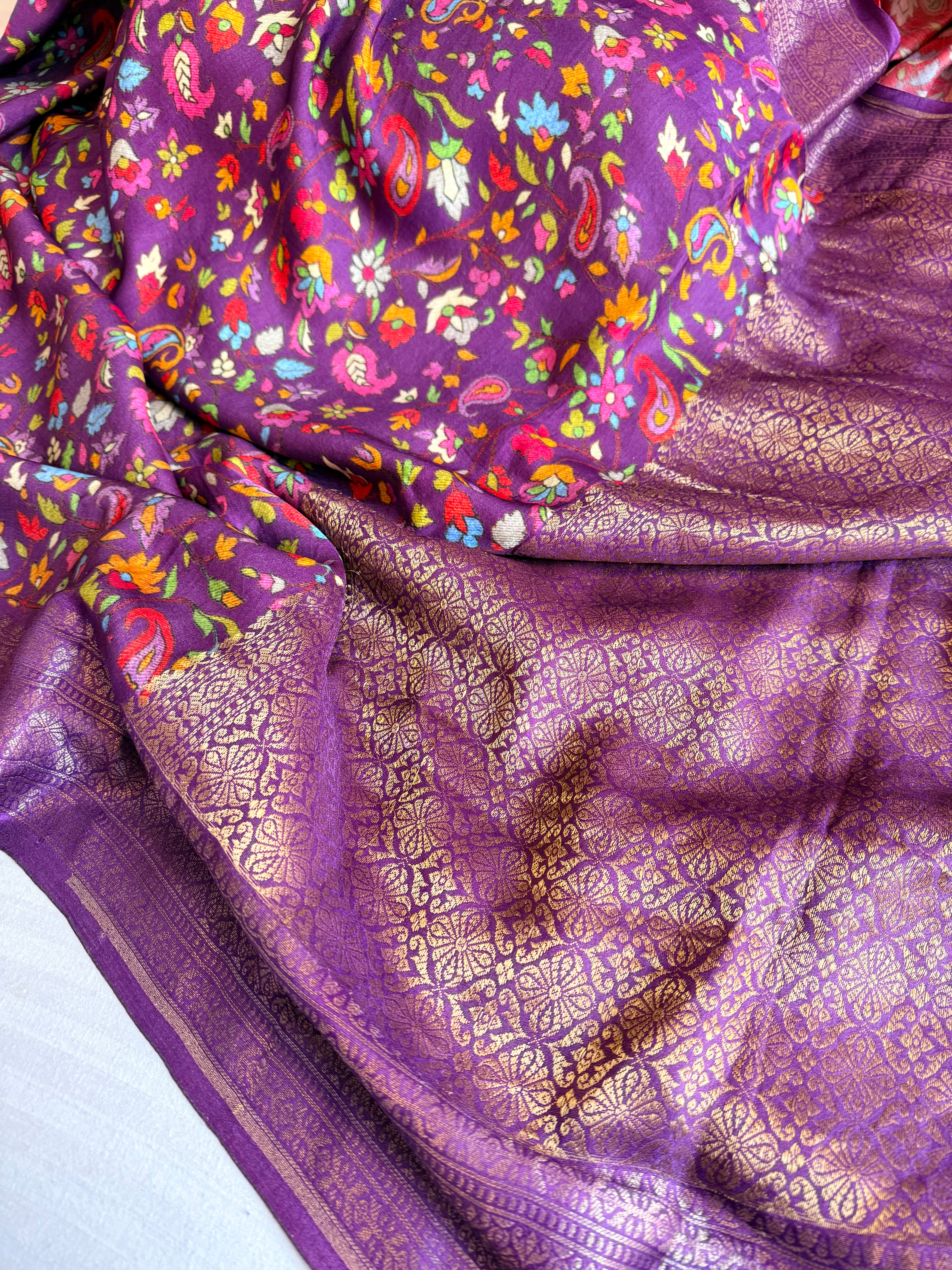 Banarasi mashru satin silk kani weaving printed purple saree