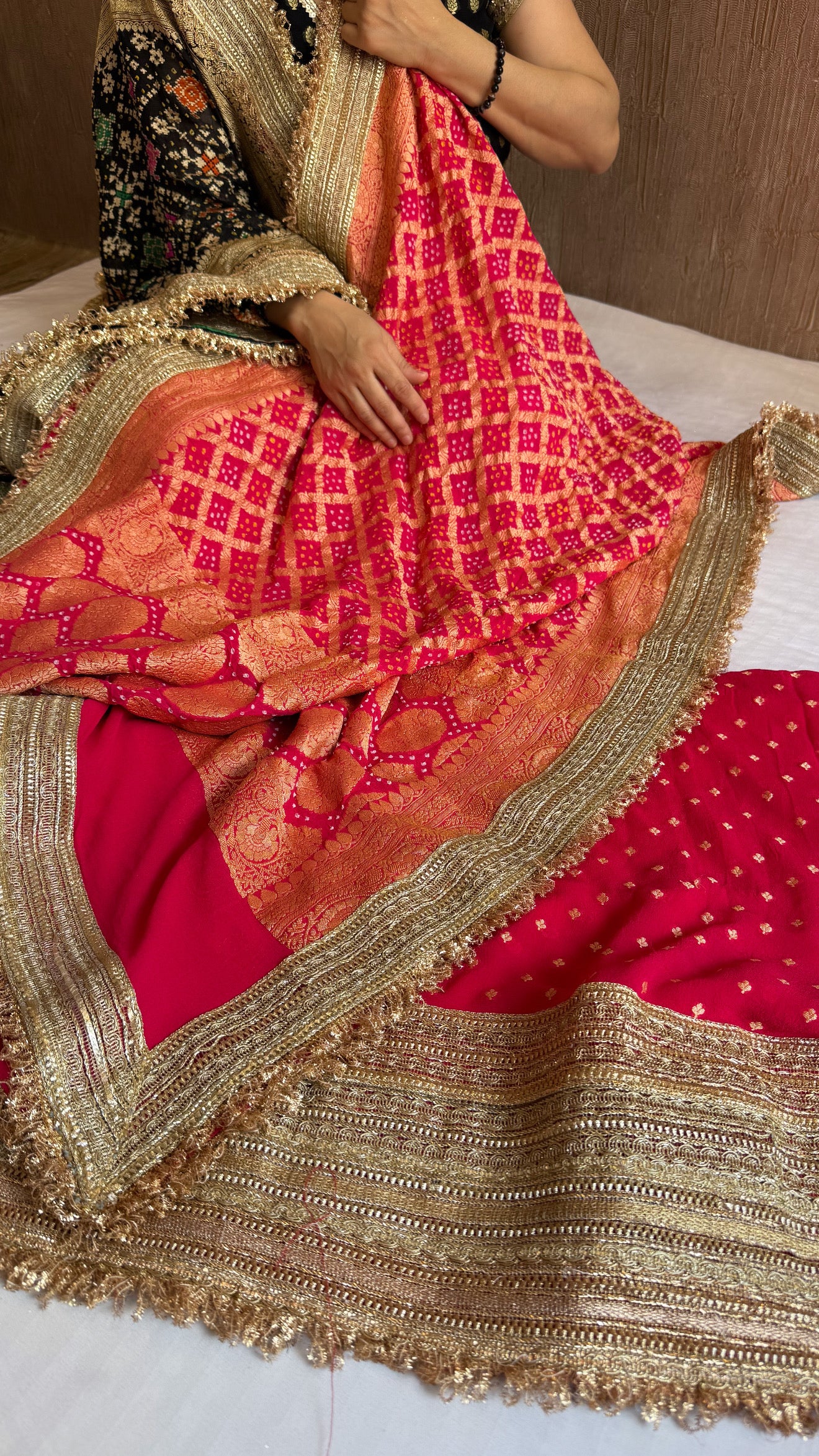 Strawberry pink rai banarasi bandhej gorgette kadhwa gotapatti suit set