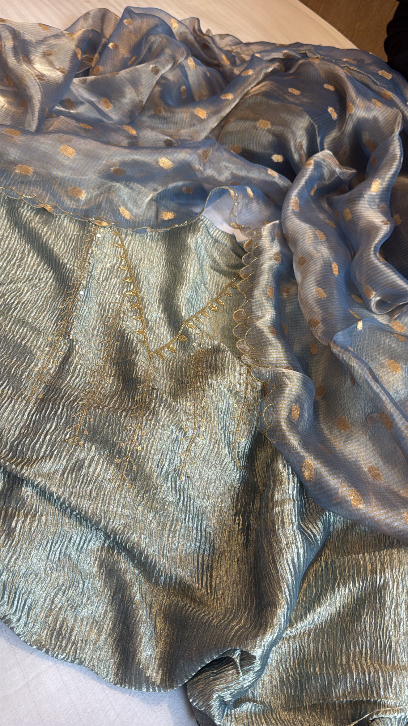 Navy blue crushed tissue silk hand embroidered kadhwa suit set