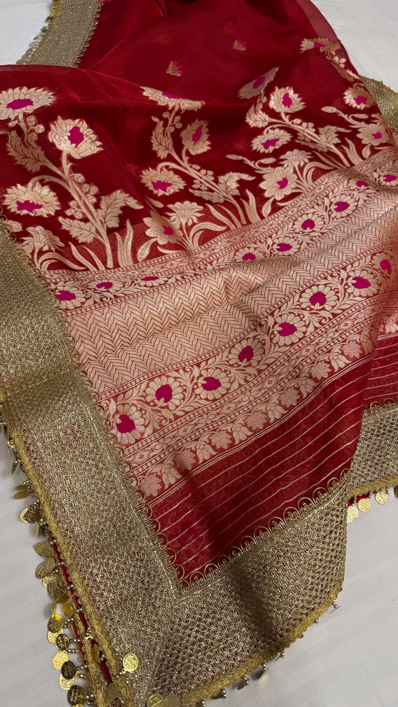 Maharani deep red tissue silk kadhwa meenakari saree