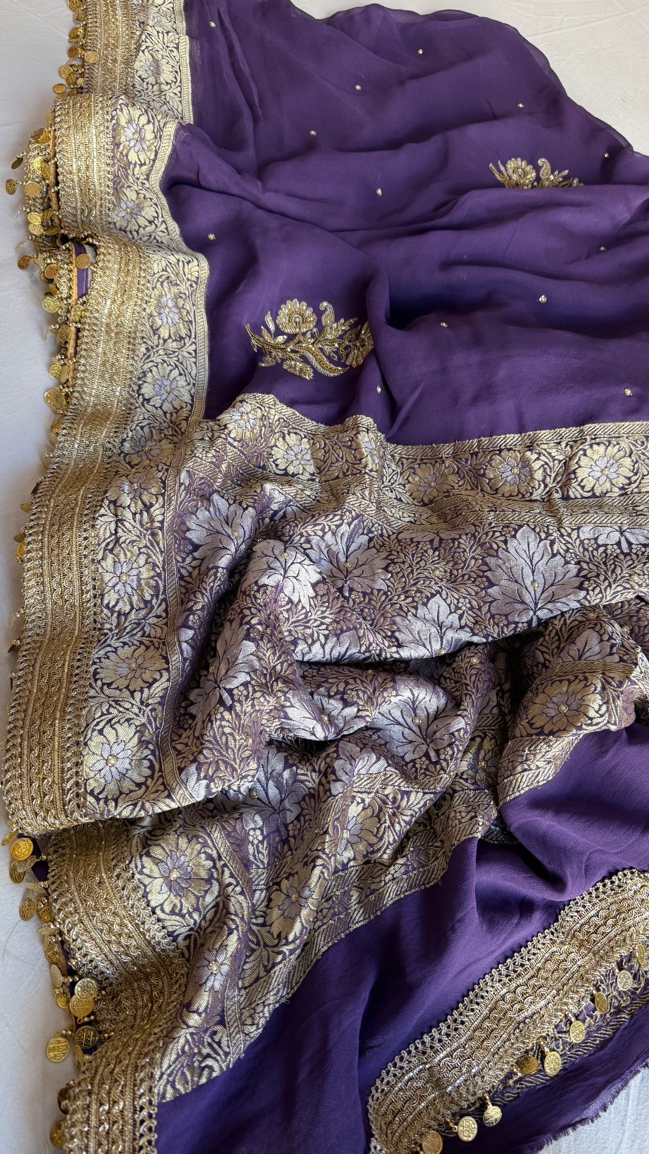 Dusty lavender gorgette banarasi kadhwa hand embroidered saree