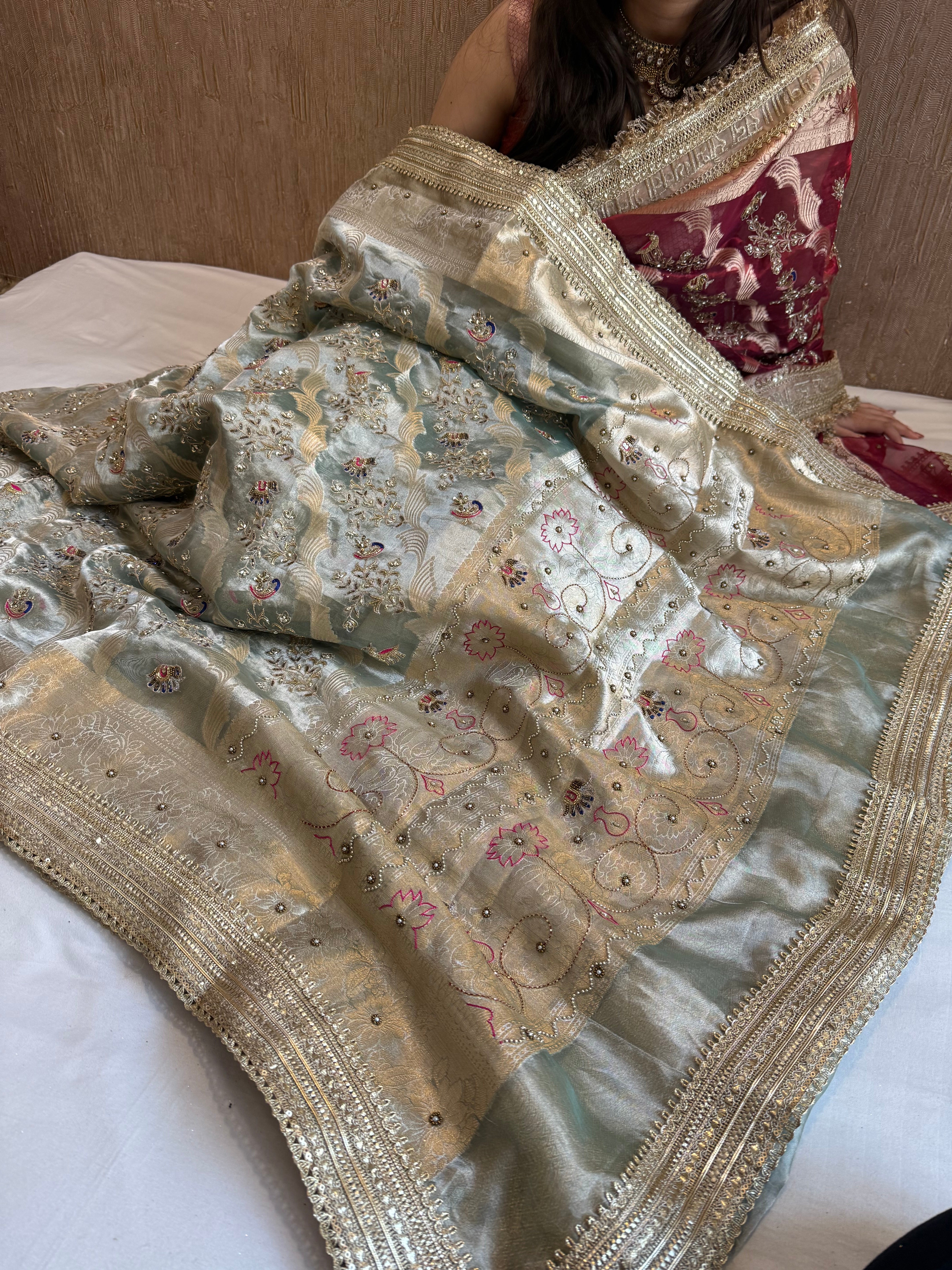 Nayi suhagan edit - Ice water blue tissue silk zardozi and marodi work hand embroidered jaal work saree