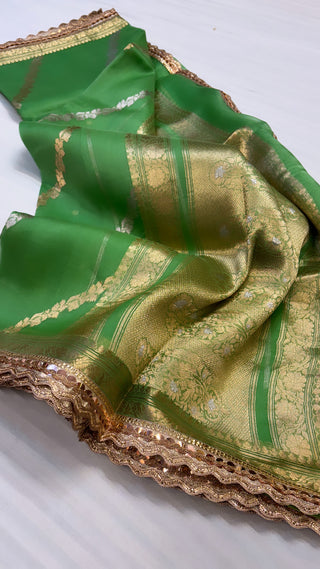 Mehendi green shade leela kora silk jungla saree