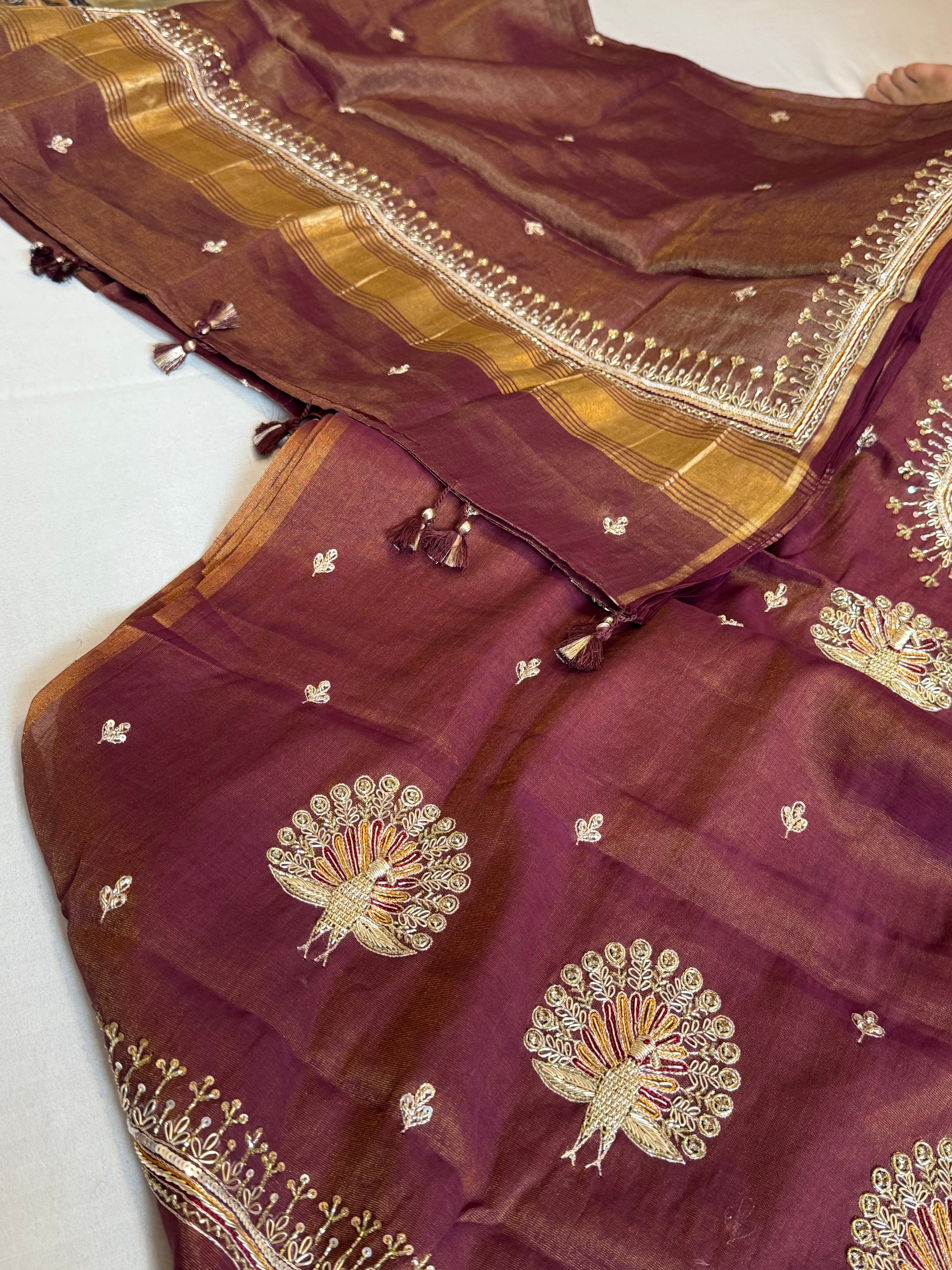 Grapewine purple mul cotton tissue silk hand embroidered kadhwa suit sets