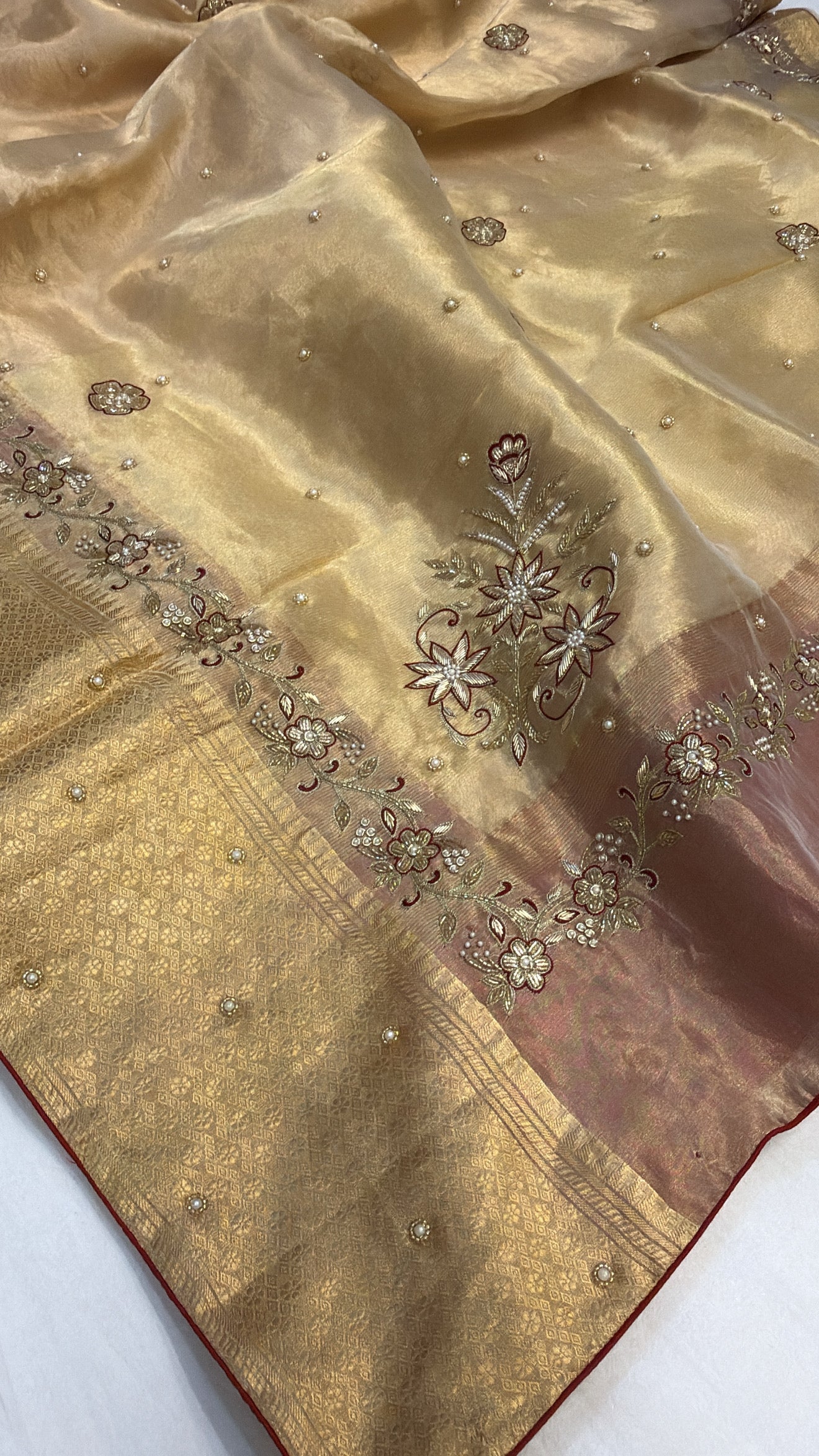 Molten gold husn tissue silk meenakari hand embroidered kadhwa saree