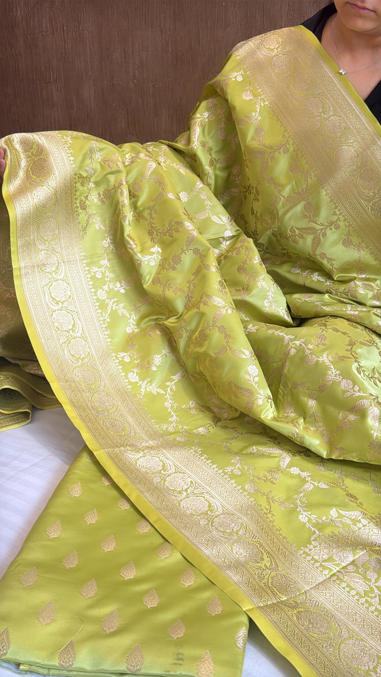 Lime green mashru satin silk jungla suit set