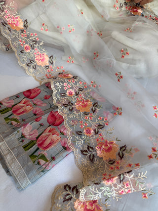 Printed moonga silk resham hand embroidered kadhwa meenakari suit set