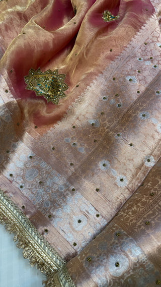 Cocktail wali saree - Peachy pink tissue silk heavy hand embroidered saree