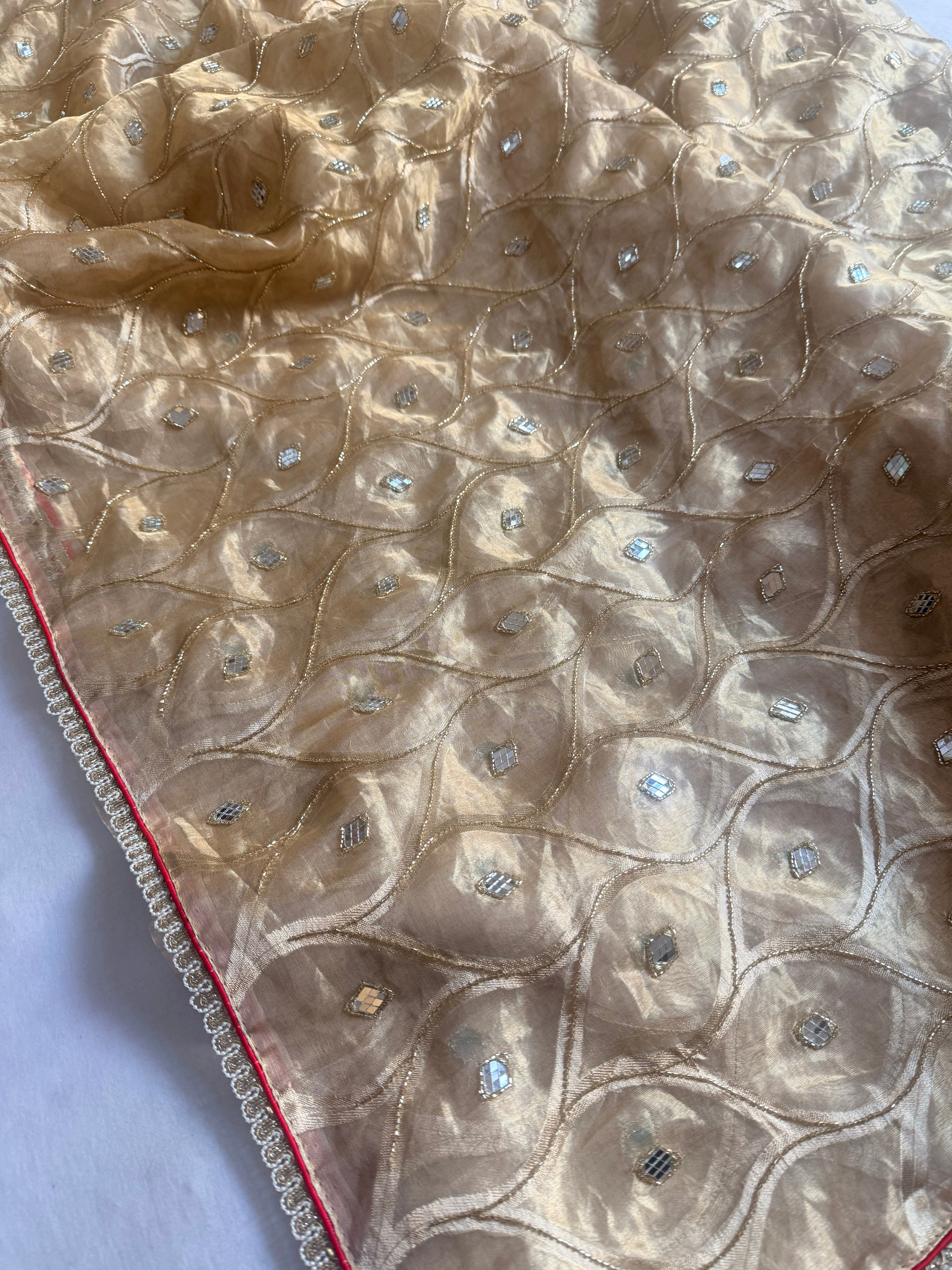 Butter gold tissue silk mirror work hand embroidered kadhwa saree