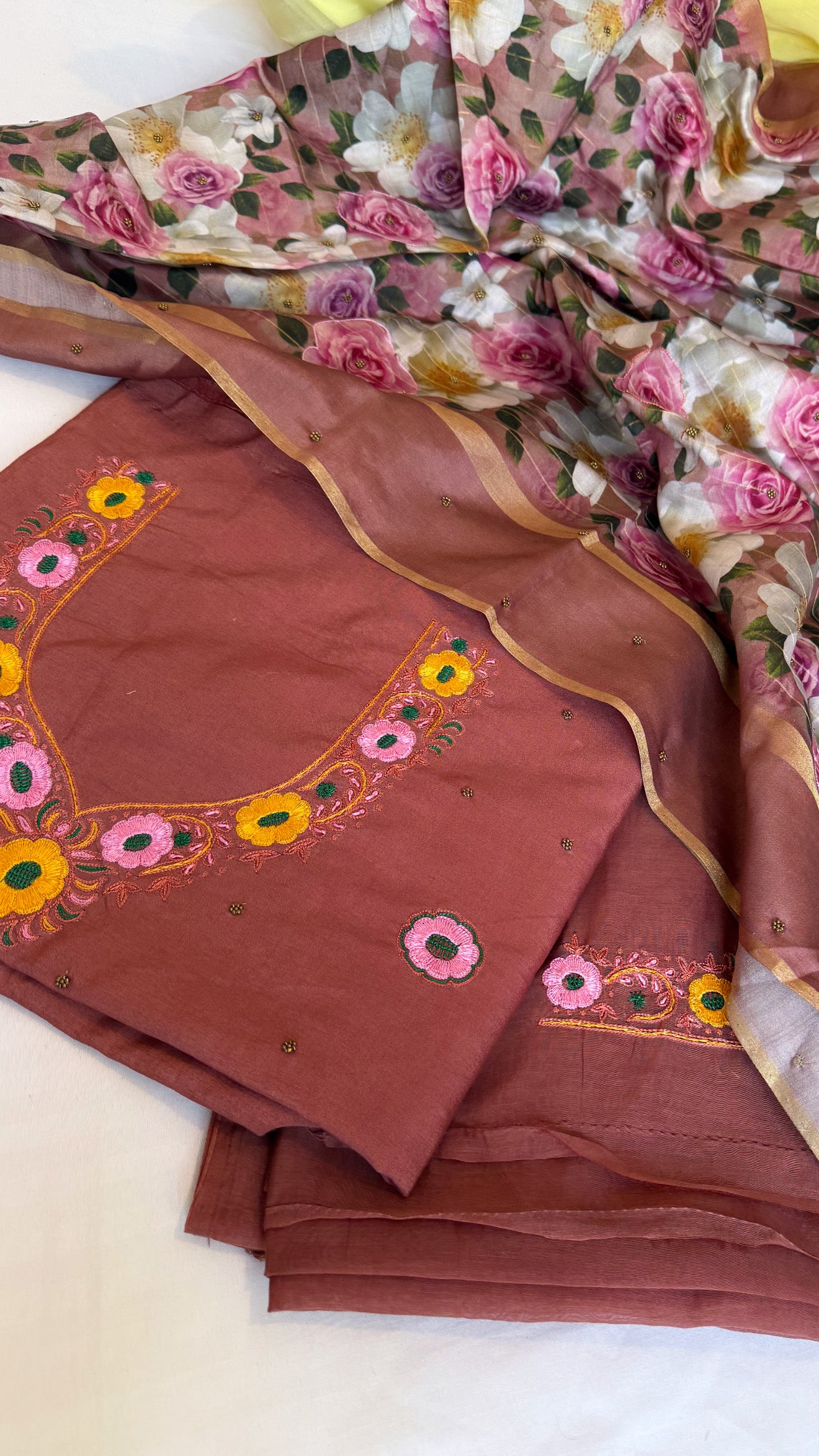 Brick peach resham hand embroidered mul cotton suit set