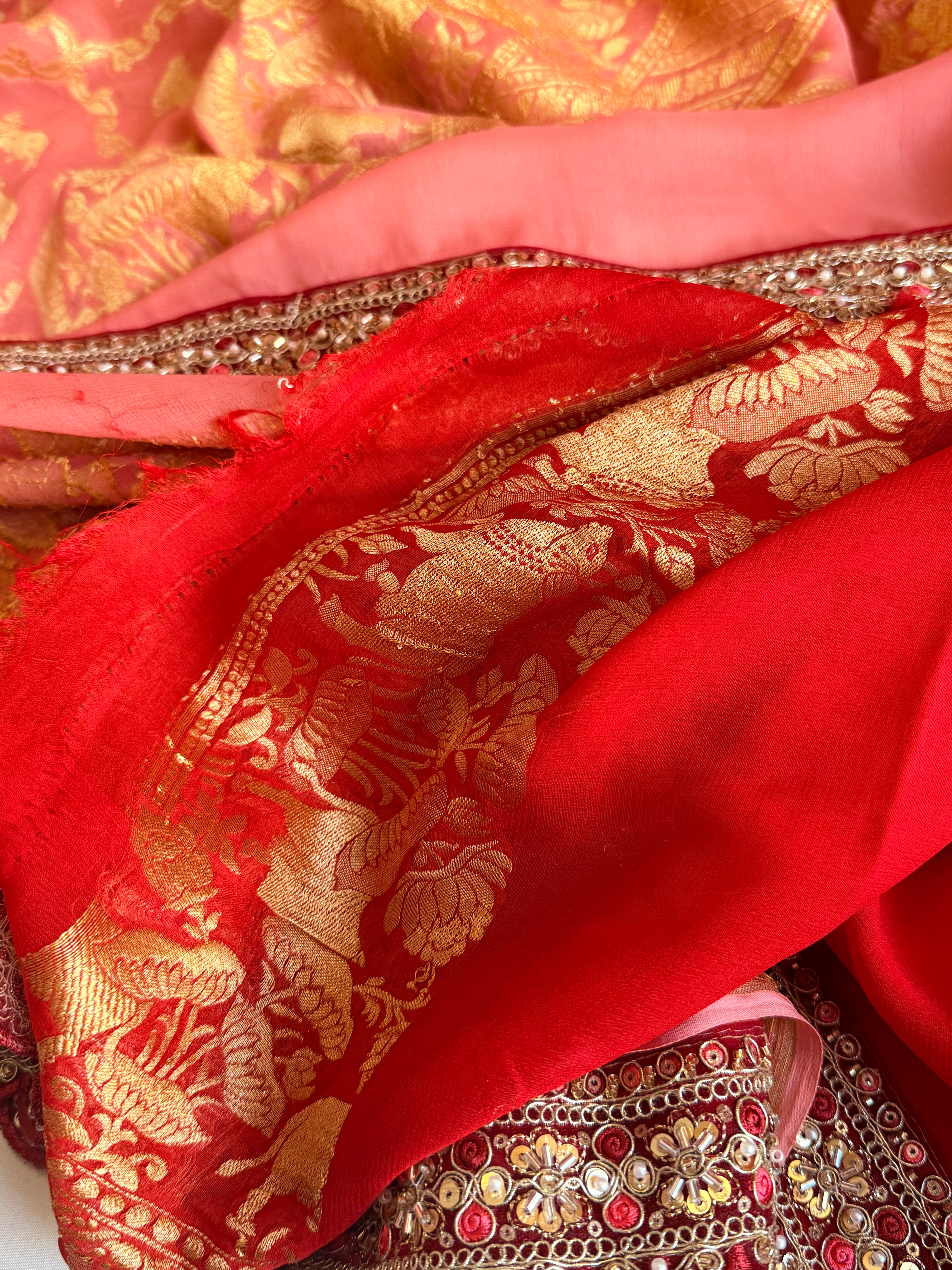 Peachy pink shikargah kadhwa border chiffon gorgette banarasi saree
