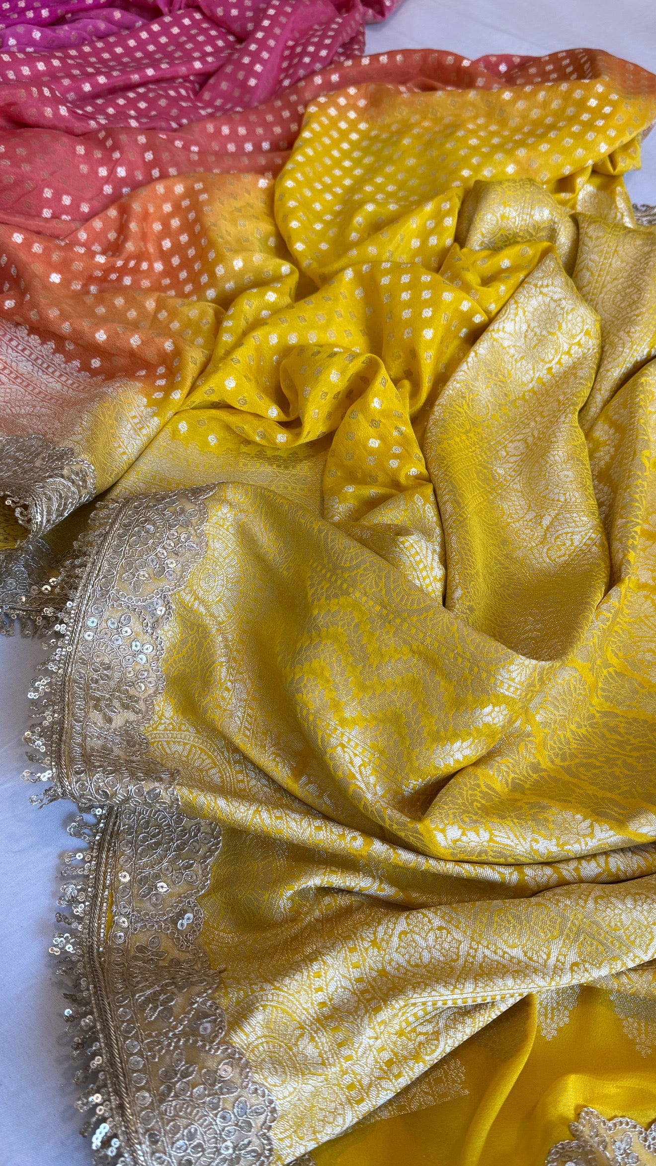 Moonga silk ombre shaded chunri buti kadhwa gotapatti saree