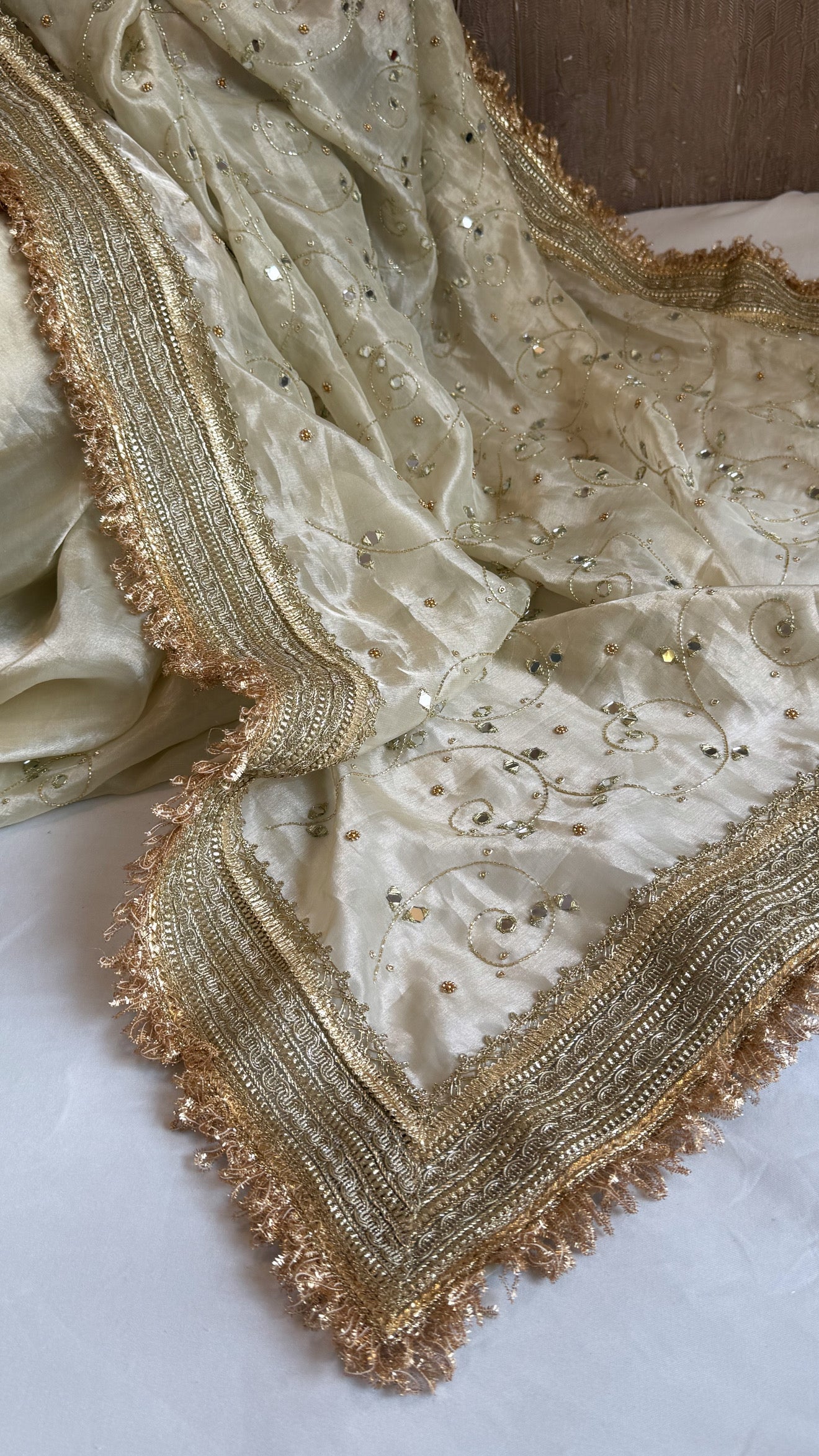 Sheesham edit - Ivory diamond tissue silk mirror work heavy hand embroidered saree