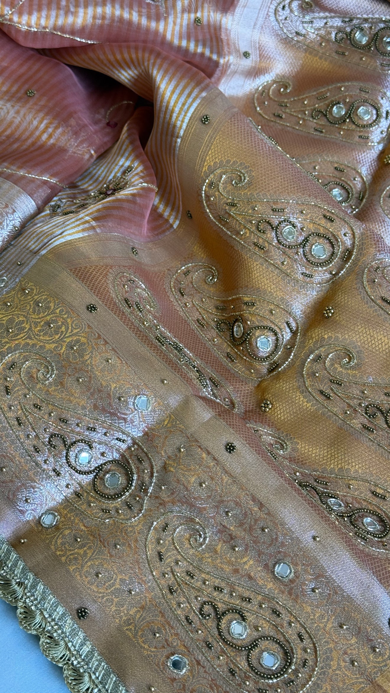 Begum bano Mirror work ambi motif peach striped tissue silk hand embroidered saree